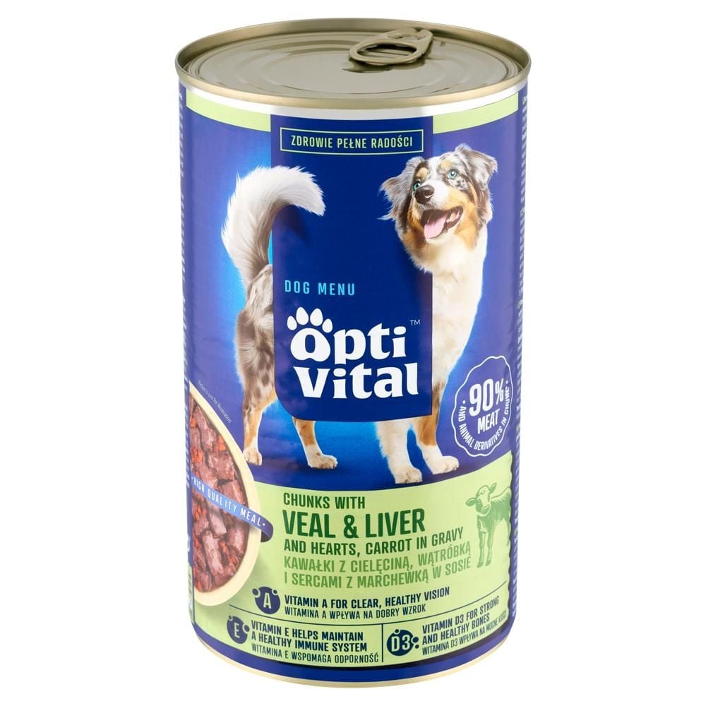 Optivital Dog Menu Karma dla psów kawałki z cielęciną wątróbką i sercami z marchewką w sosie 1250 g