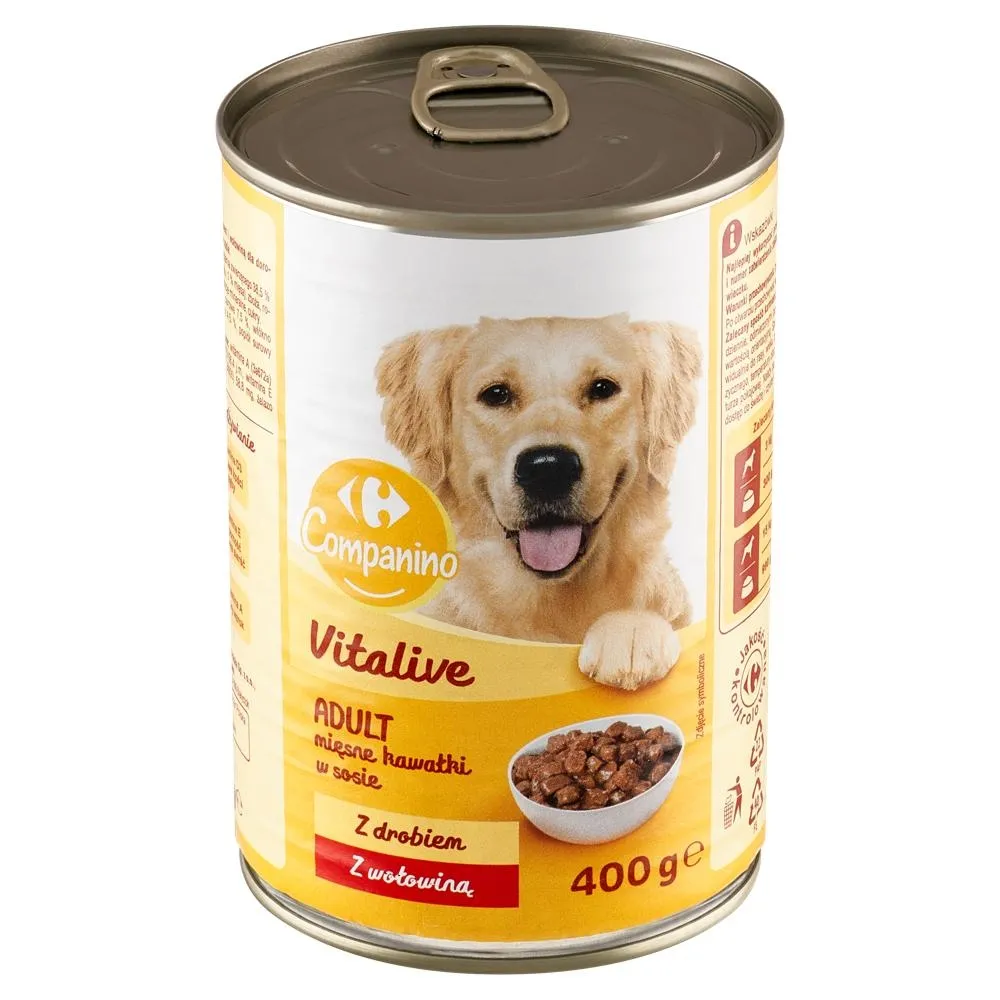 Carrefour Companino Vitalive Karma dla psów mięsne kawałki w sosie z drobiem z wołowiną 400 g