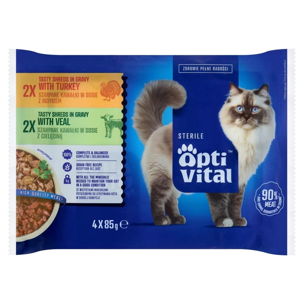 Optivital Sterile Karma dla dorosłych kotów szarpane kawałki w sosie 340 g (4 x 85 g)