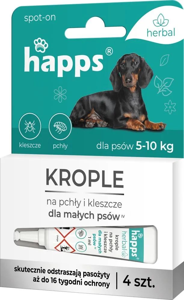 Happs Herbal - krople na pchły i kleszcze dla małych psów do 5-10kg (4 szt.)