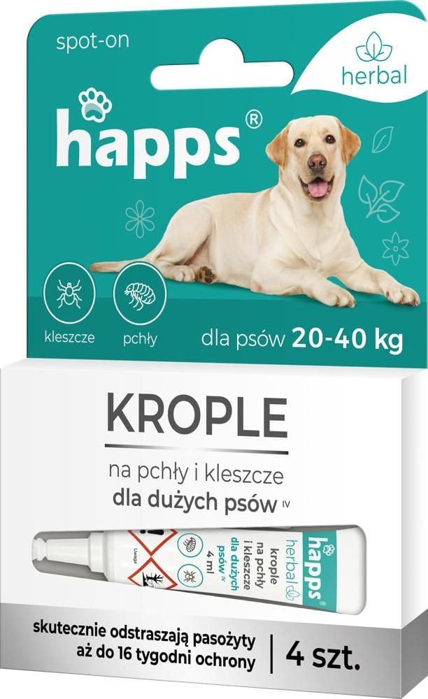 Happs Herbal - krople na pchły i kleszcze dla dużych psów 20-40kg (4 szt.)