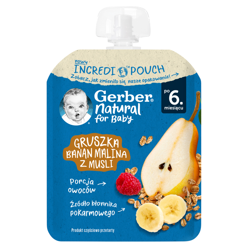 Deserek w tubce gruszka banan malina z musli dla niemowląt po 6 miesiącu