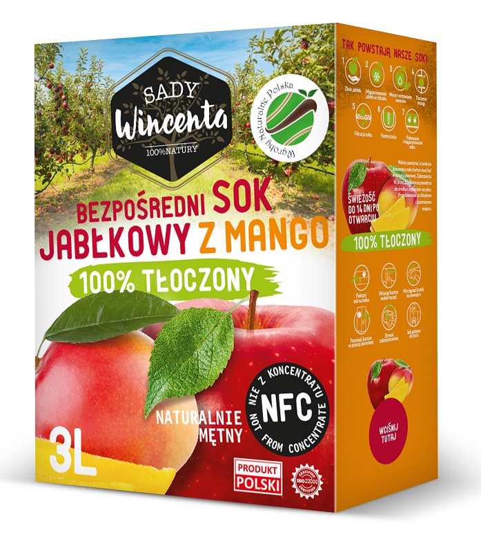 Sok jabłkowy z mango w kartonie tłoczony