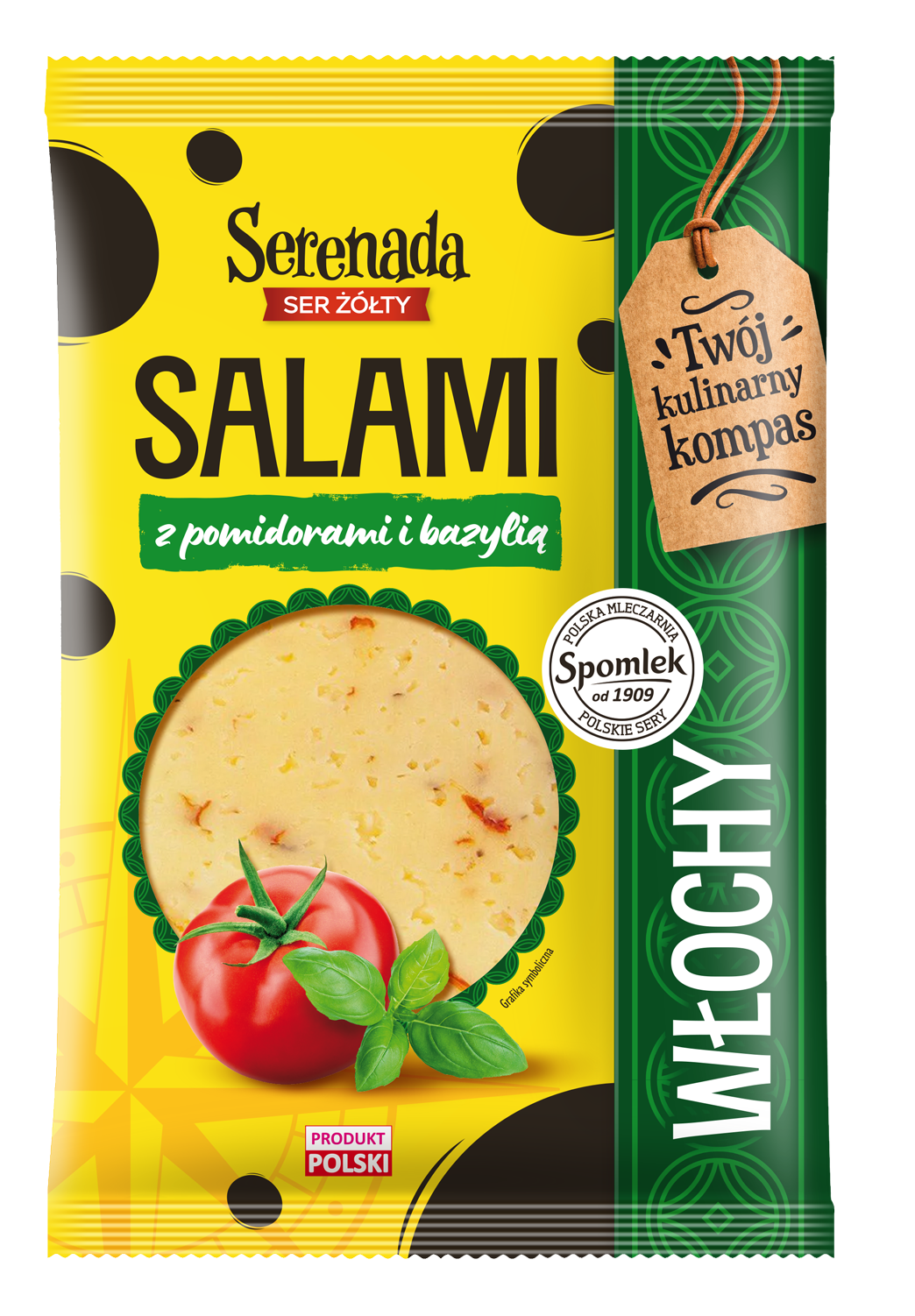 Ser żółty Salami z pomidorami i bazylią w plastrach