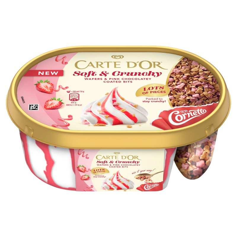 Lody waniliowe soft & crunchy z sosem truskawkowym i wafelkami