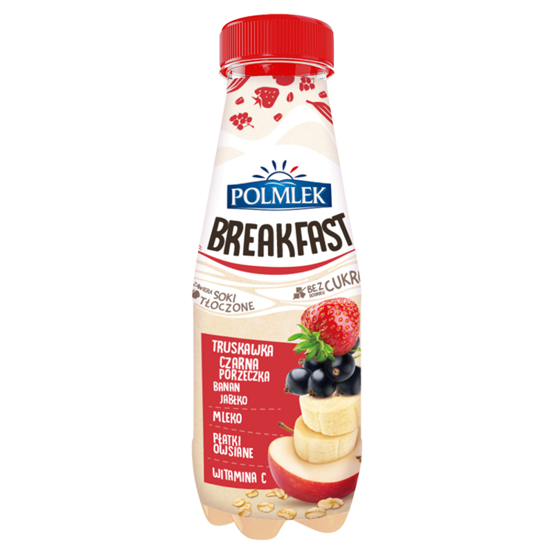 Breakfast jabłko-banan-truskawka-czarna porzeczka z płatkami owsianymi i mlekiem