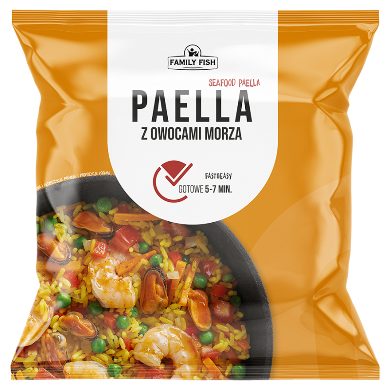Paella z owocami morza z krewetkami i małżami