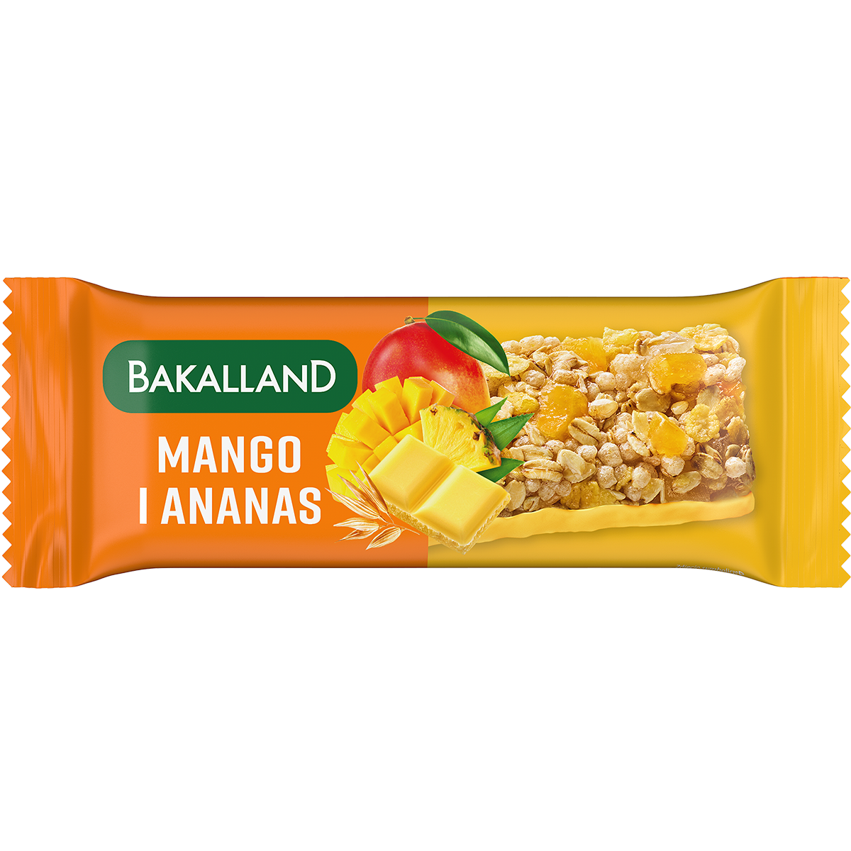 Baton zbożowy z kawałkami mango i ananasa z polewą o smaku mango