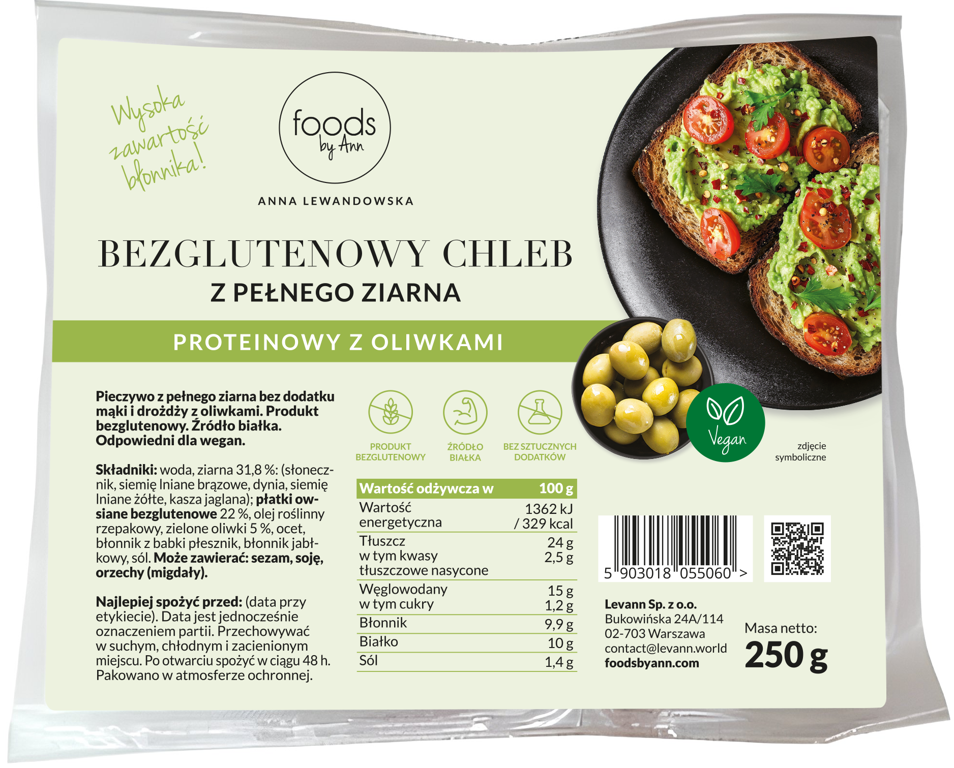 Chleb proteinowy z pełnego ziarna z oliwkami bezglutenowy
