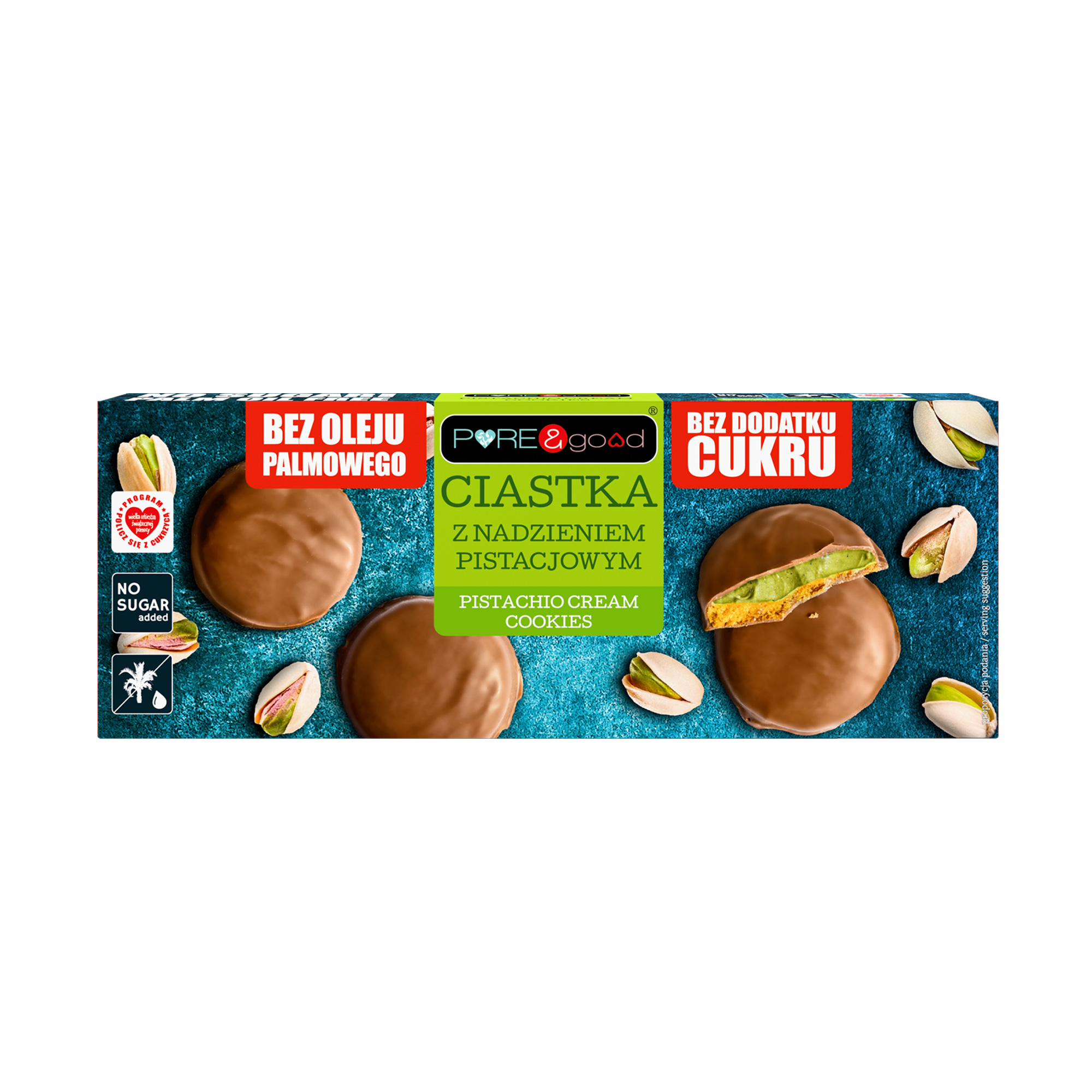 Ciastka z kremem pistacjowym w czekoladzie mlecznej bez dodatku cukru