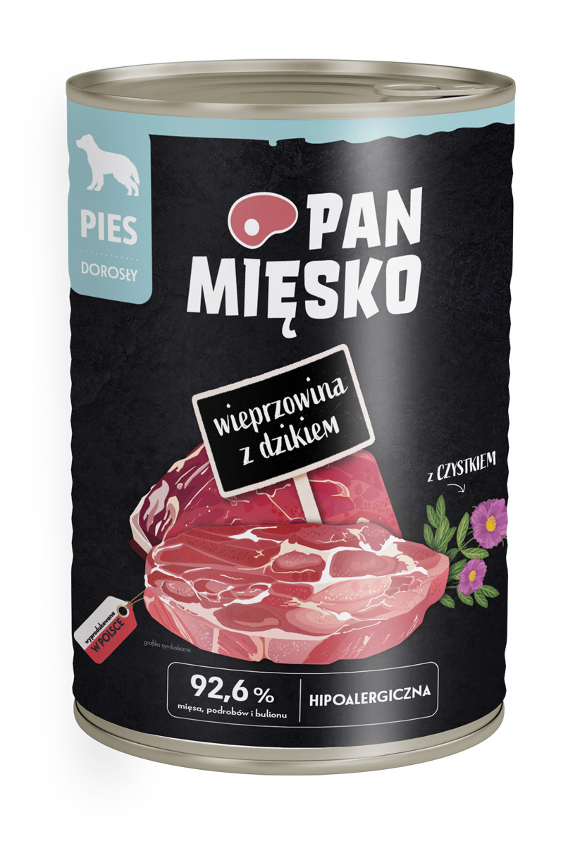 Mokry pokarm dla dorosłych psów z wieprzowiną i dzikiem puszka