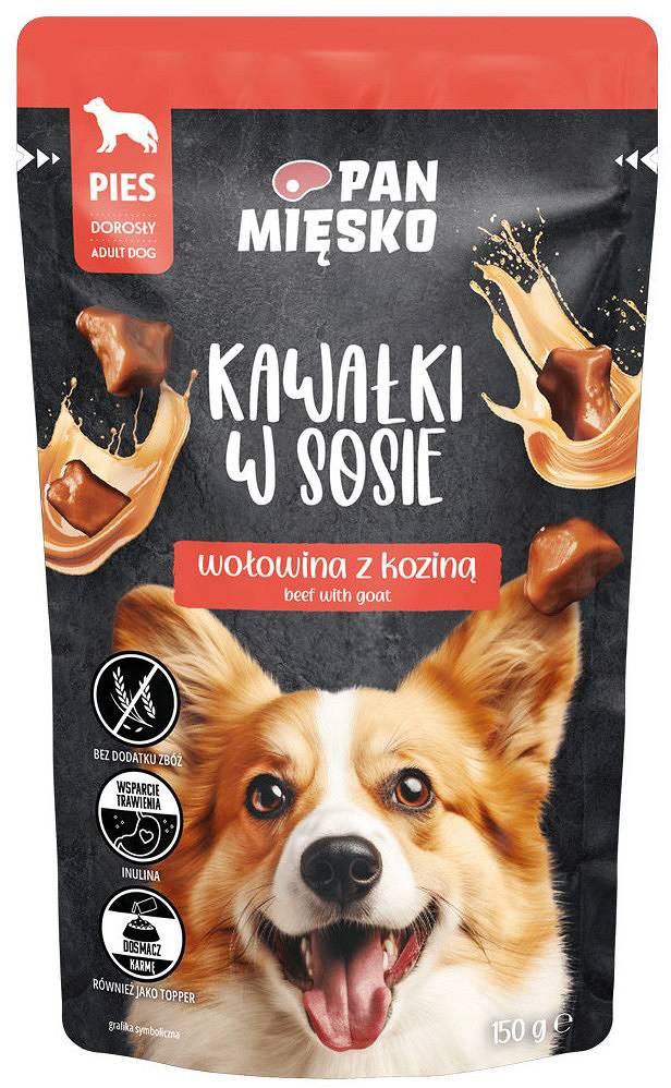 Mokry pokarm dla dorosłych psów kawałki w sosie z wołowiną i koziną saszetka