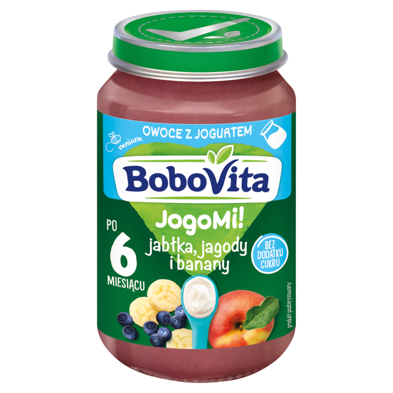 Jabłka jagody i banany z jogurtem po 6 miesiącu