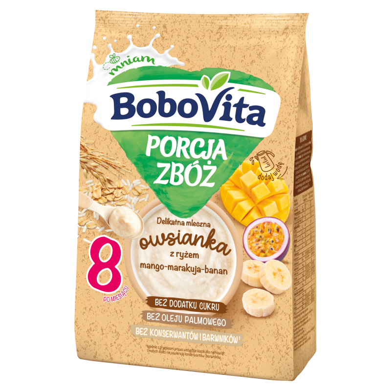 Porcja zbóż Delikatna mleczna owsianka z ryżem mango-marakuja-banan po 8 miesiącu