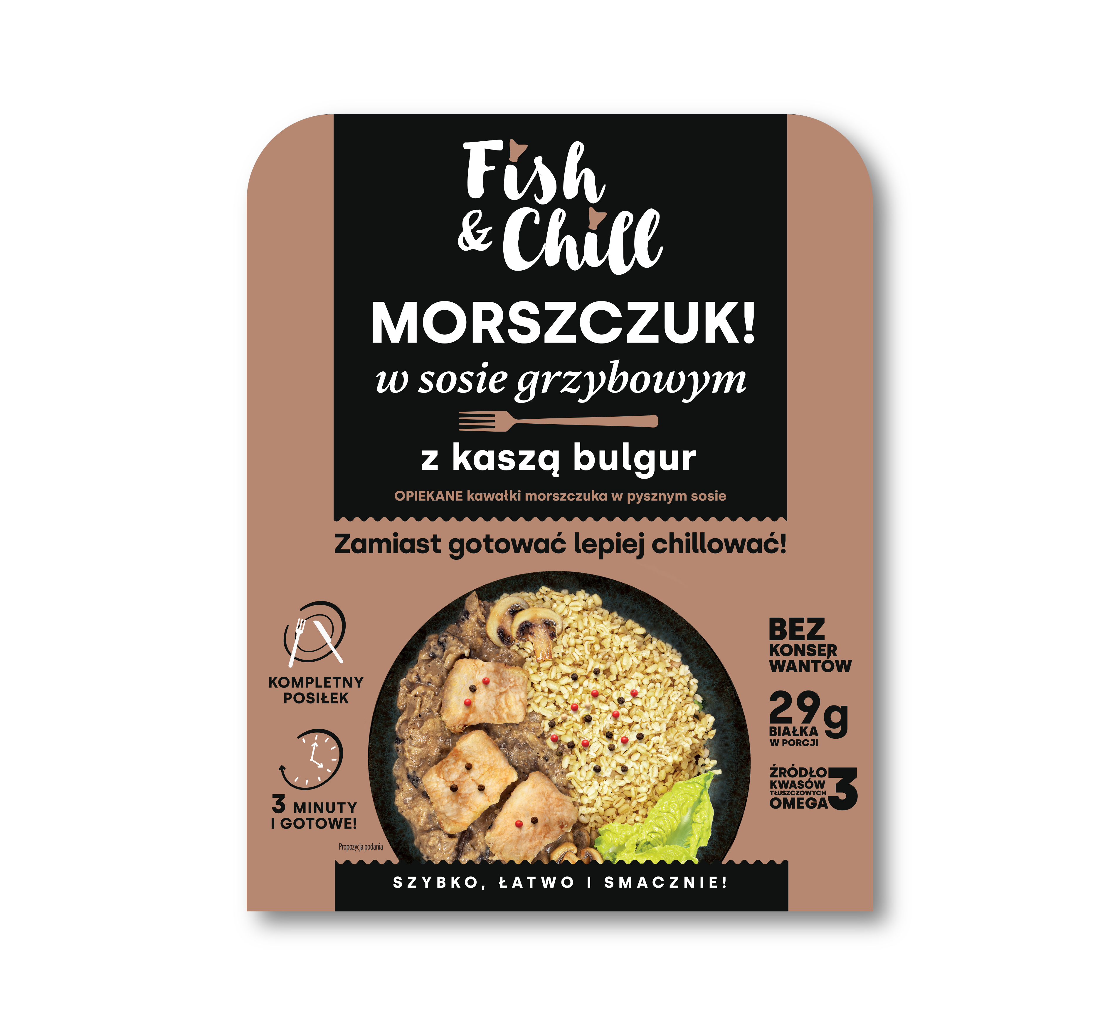 Morszczuk w sosie grzybowym z kaszą bulgur