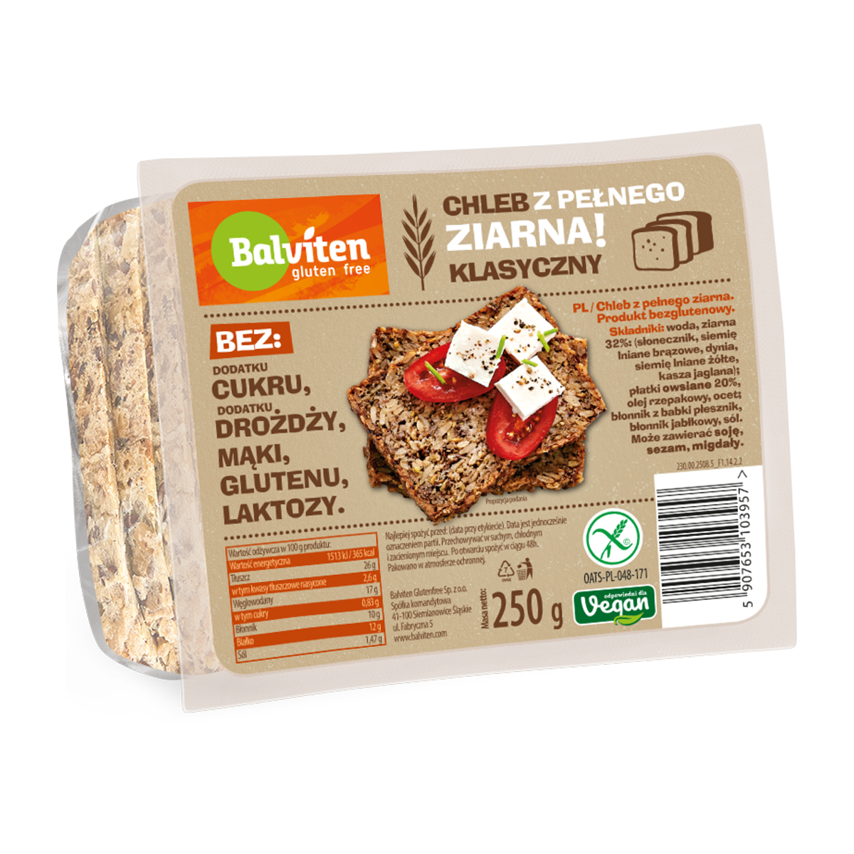 Balviten Chleb Pełne Ziarno 250G. Produkt Bezglutenowy