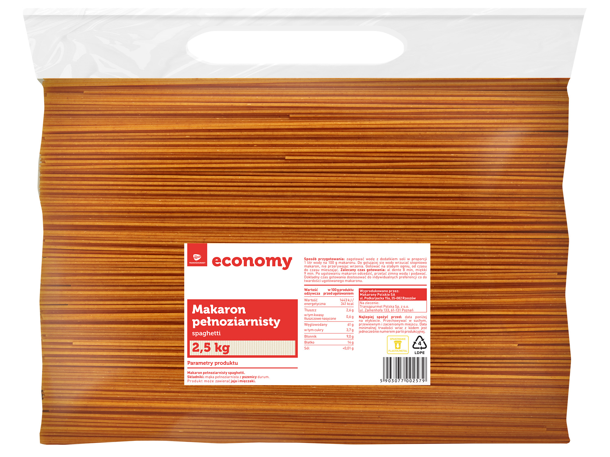 Tge Makaron Spaghetti Pełnoziarnisty 2,5Kg