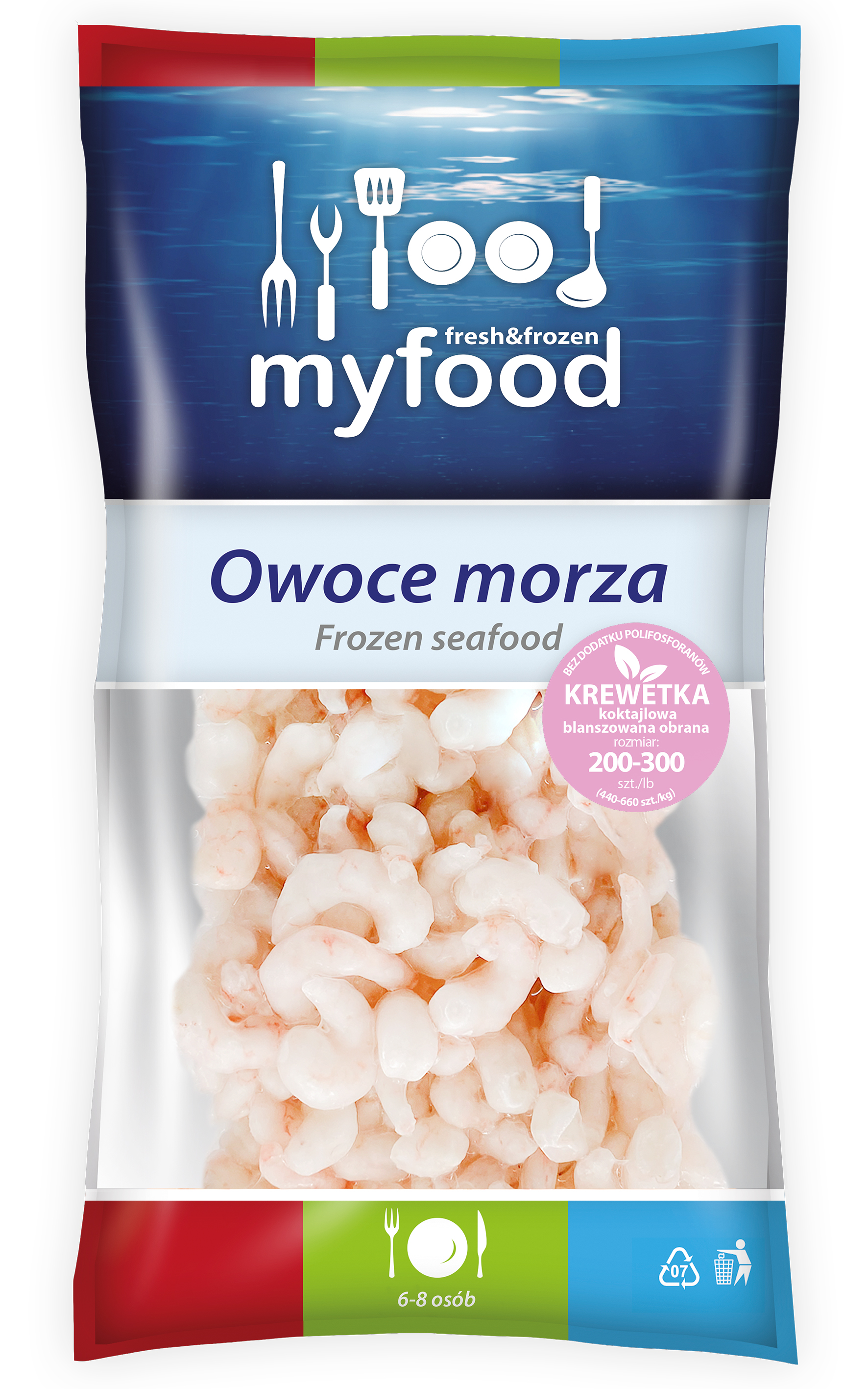 Myfood Krewetki Koktajlowe, Blanszowane, Obrane, Rozmiar: 200-300 Szt./Lb (440-660 Szt./Kg), Produkt Głęboko Mrożony, Glazurowane, 800 G /1000 G