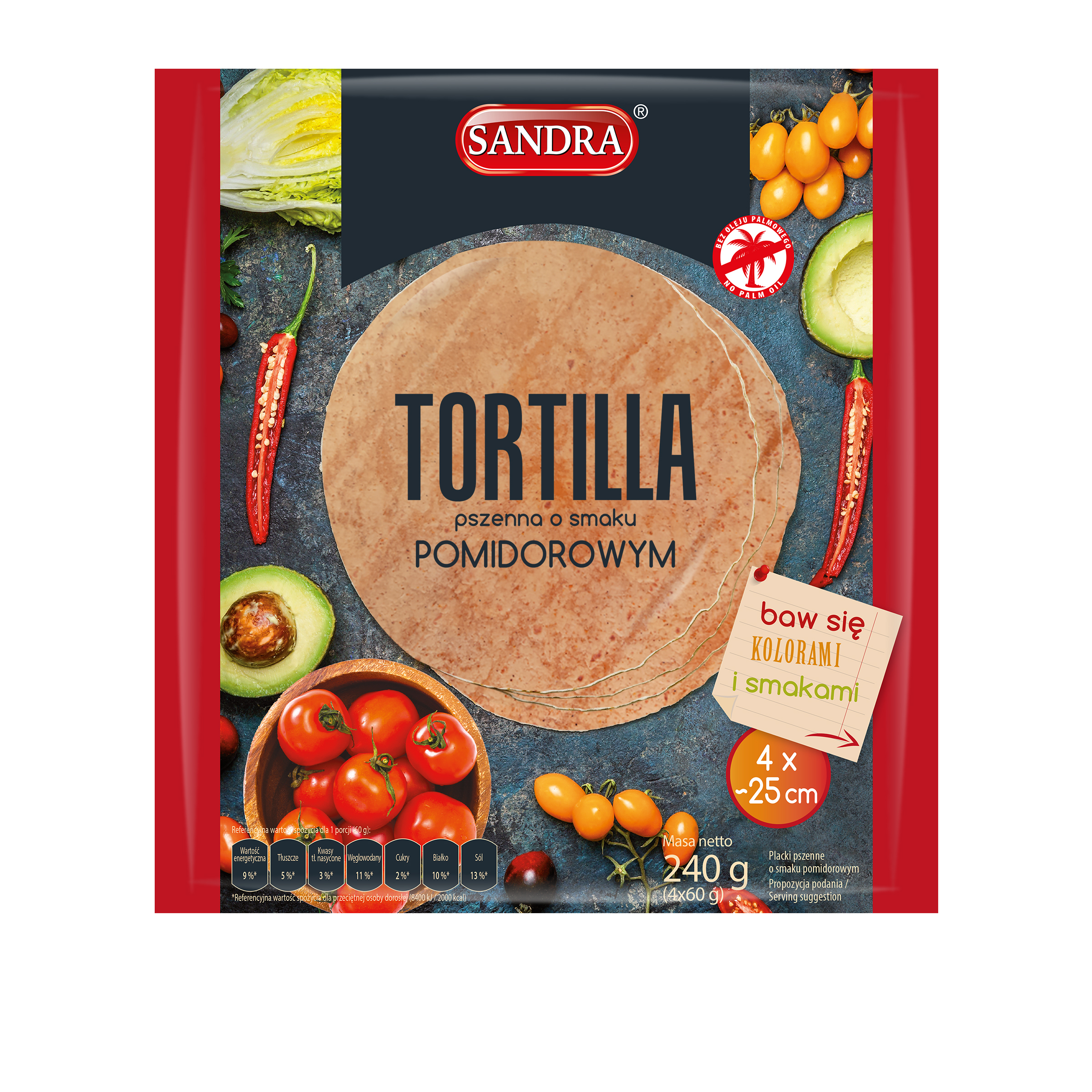 Tortilla Pszenna O Smaku Pomidorowym Sandra 25Cm (4Szt) 240G