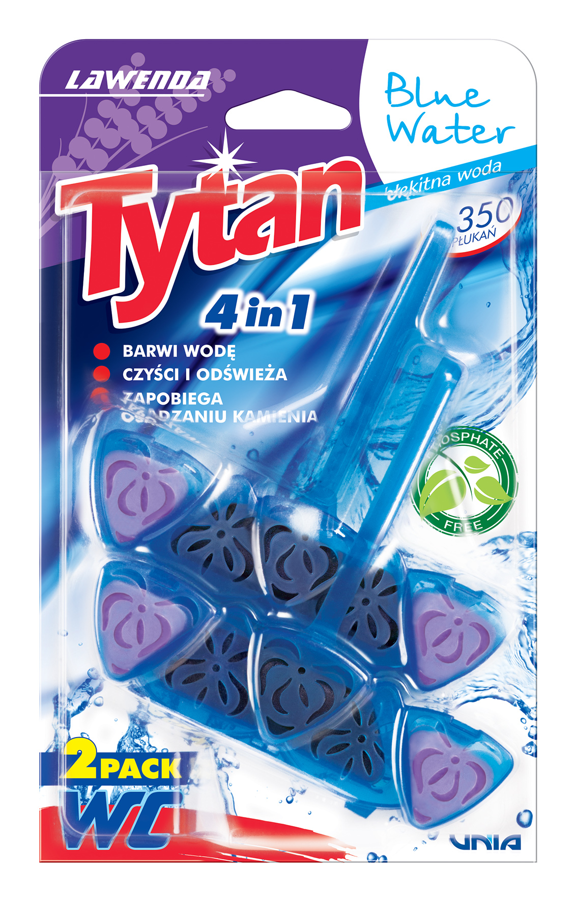 Czterofunkcyjna Zawieszka Barwiąca Wodę Tytan Blue Water Lawendowa 2X40G