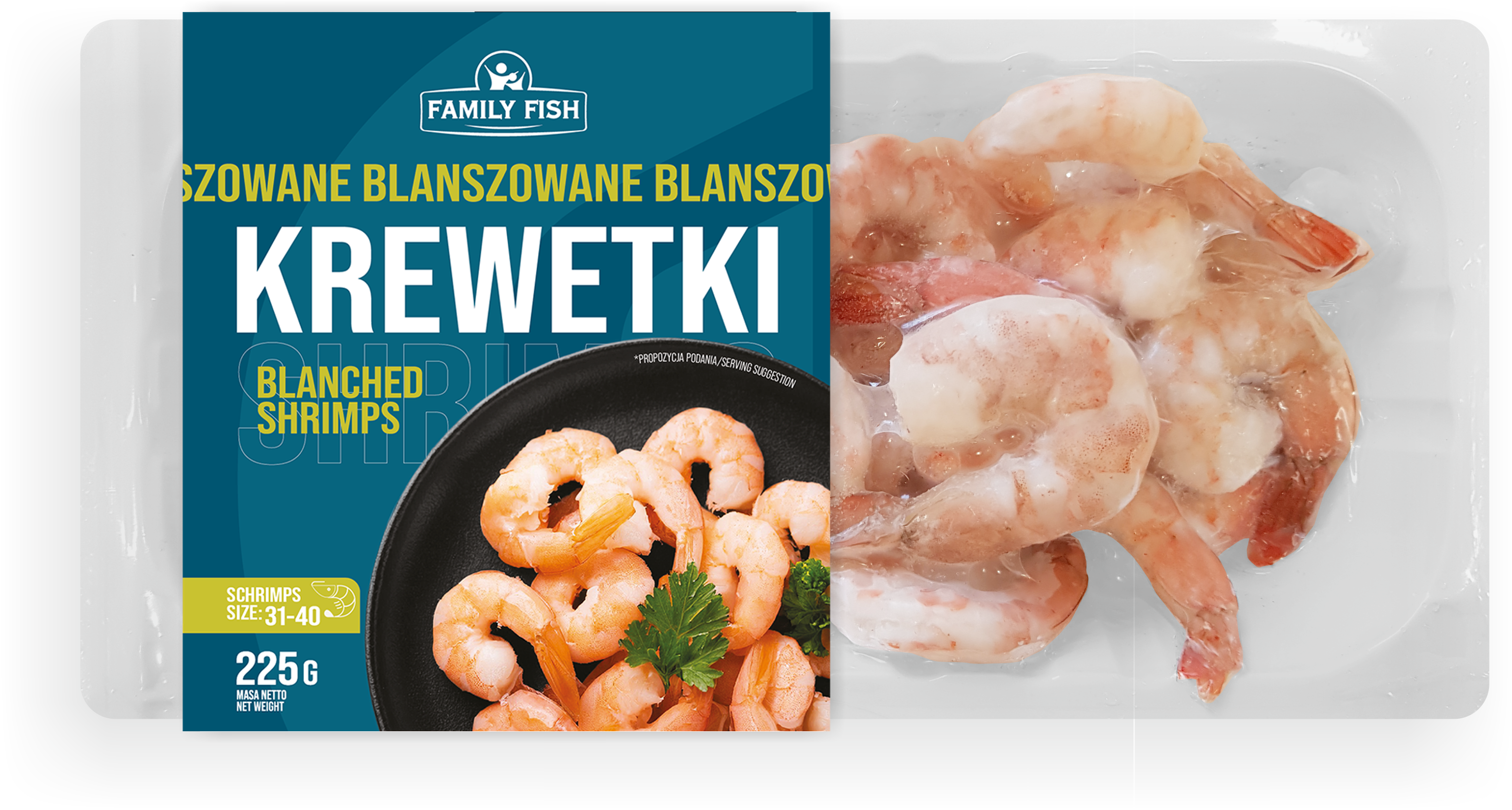 Family Fish Krewetki Białe Blanszowane Obrane Z Ogonkiem 31-40 Szt./Lb,Mrożone Glazurowane (Litopenaeus Vannamei), Masa Netto Bez Glazury 225G