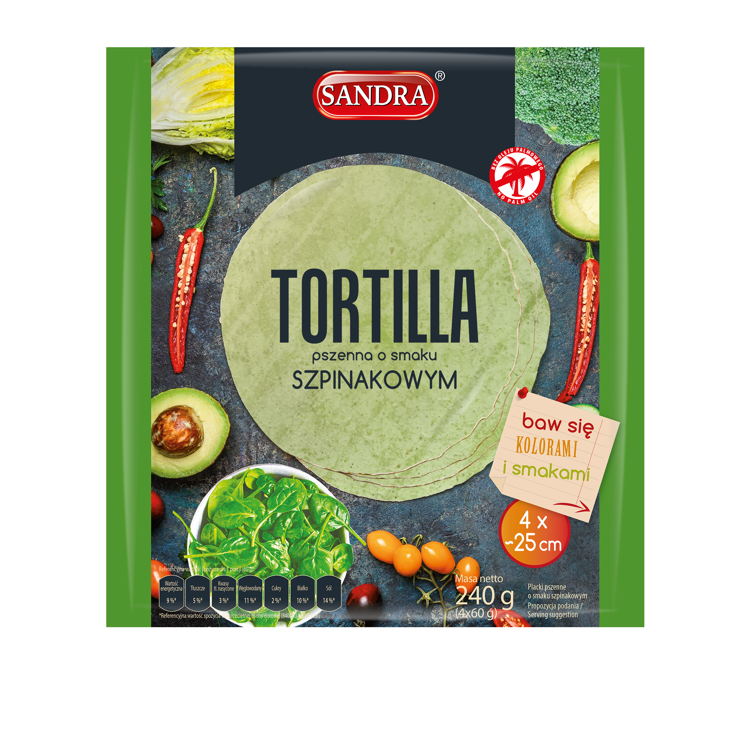 Tortilla Pszenna O Smaku Szpinakowym Sandra 25Cm (4Szt) 240G