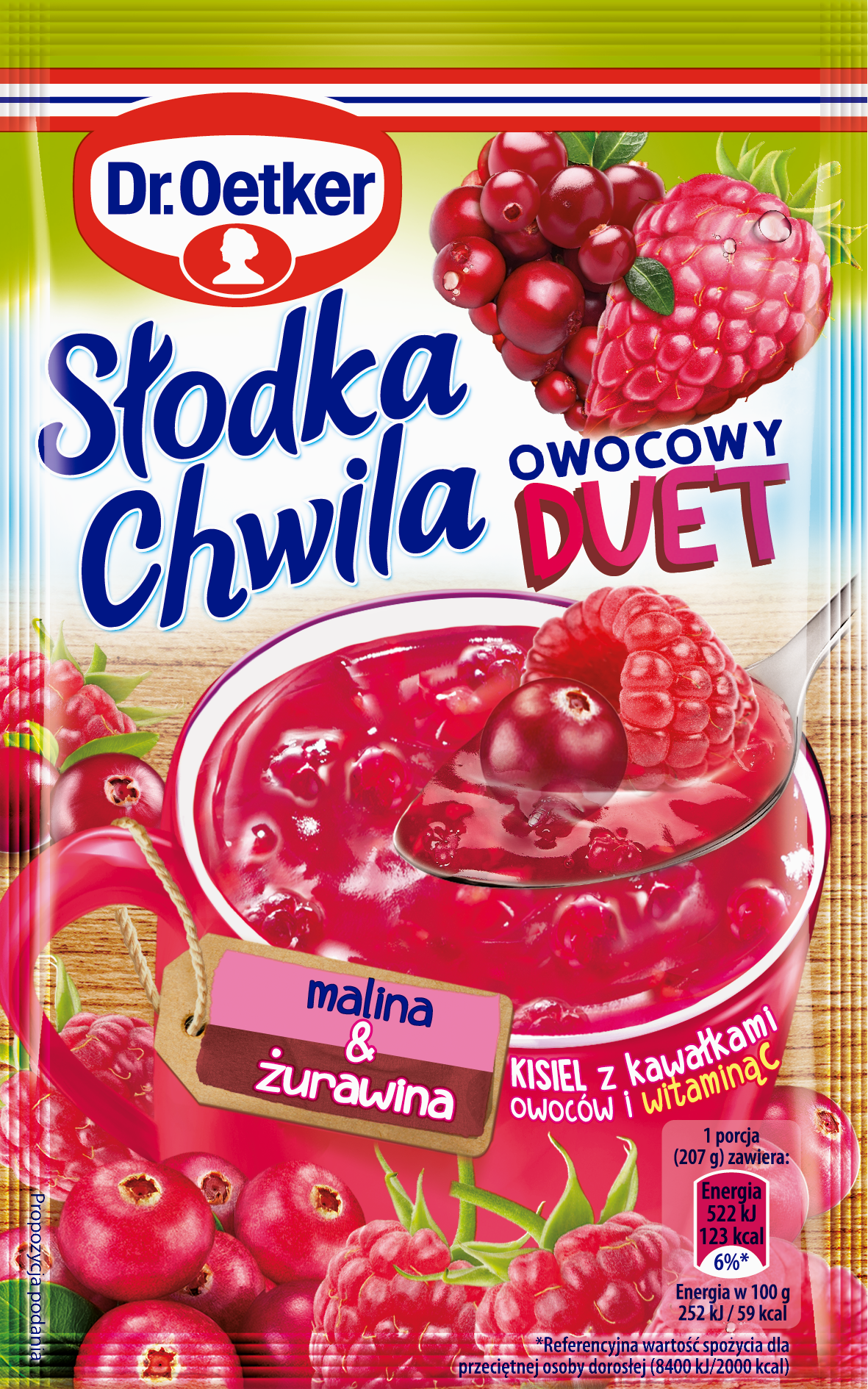 Dr. Oetker Słodka Chwila Owocowy Duet Malina & Żurawina Kisiel Z Kawałkami Owoców 32 G
