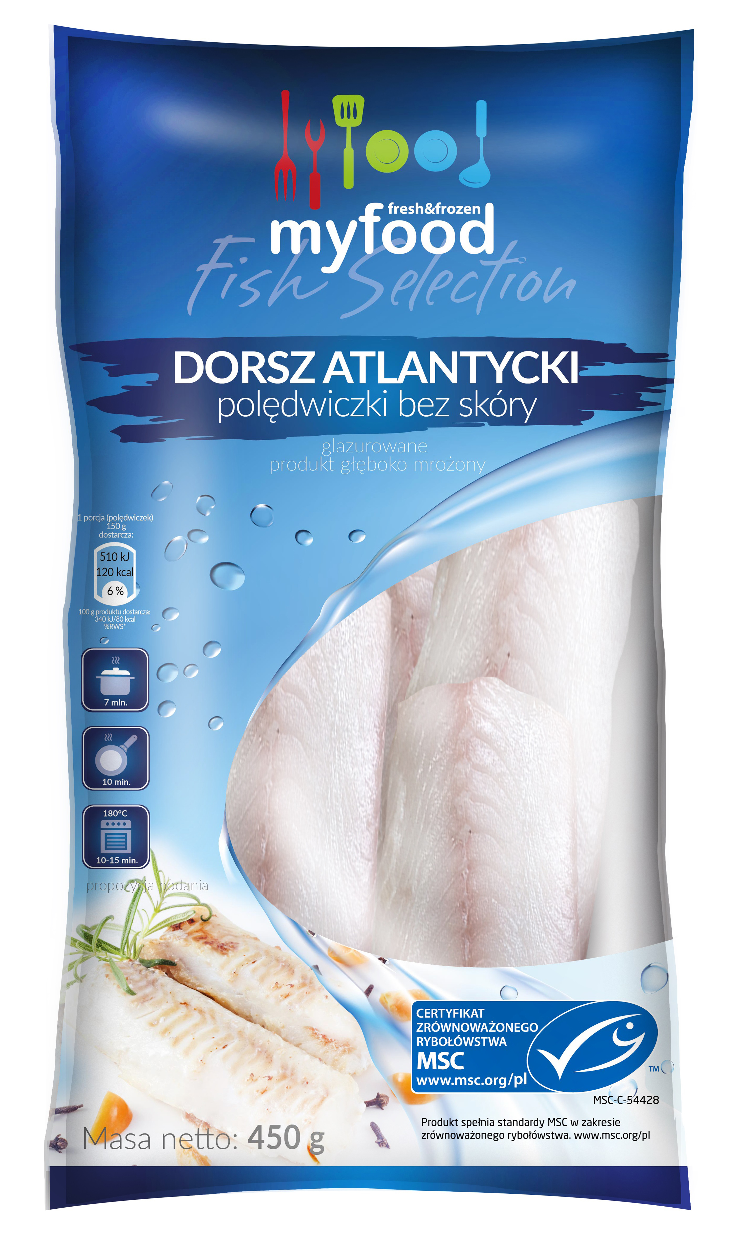 Myfood Dorsz Atlantycki Polędwiczki Bez Skóry, Rozmiar: 140-180 G, Glazura: 10%, 450 G/500 G