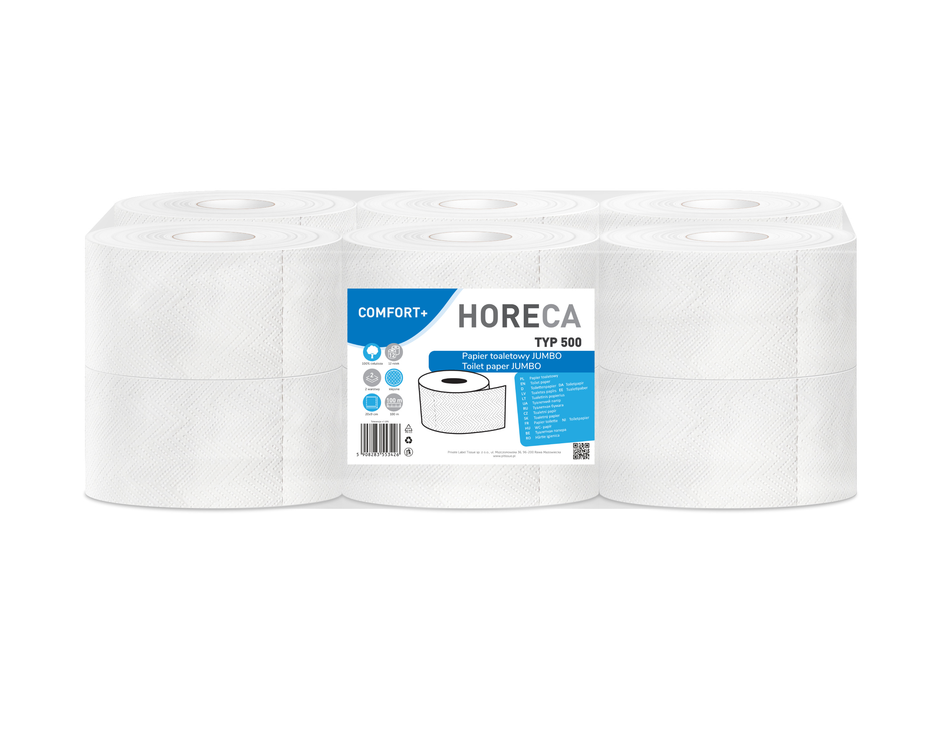 Horeca Comfort+ Papier Toaletowy Jumbo Typ 500/15 100M 12 Rolek 2-Warstwowy