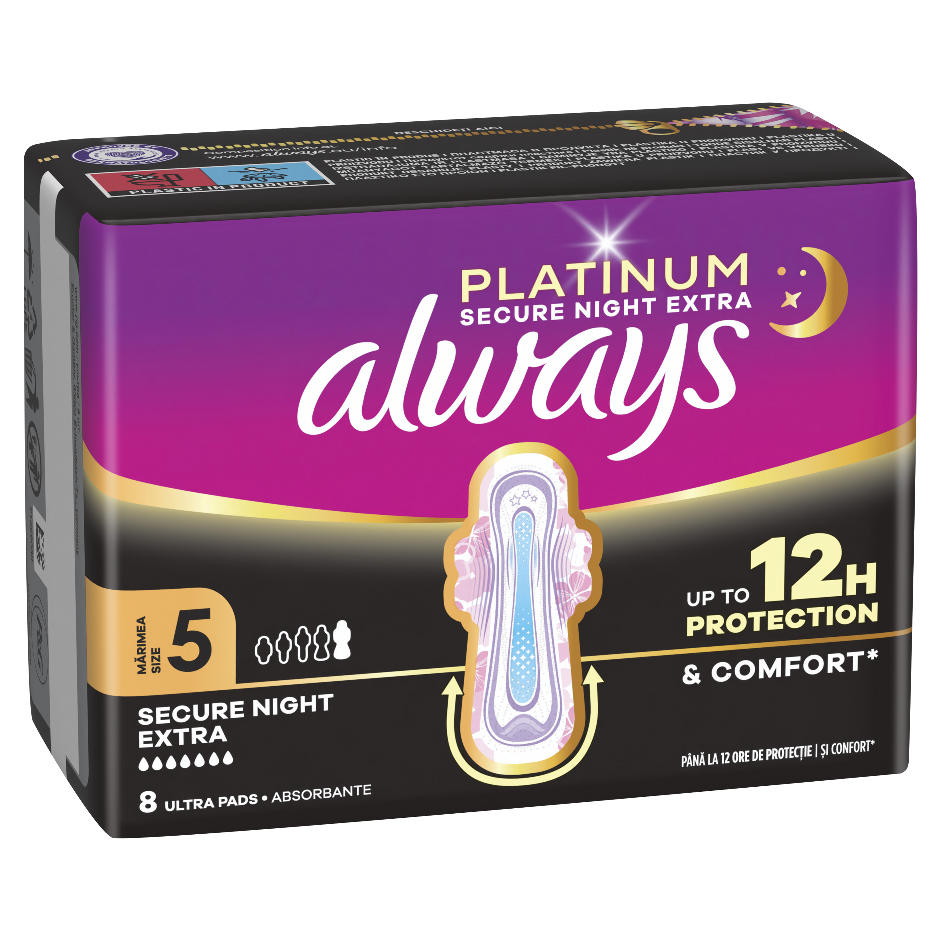 Always Platinum Secure Night Extra, Podpaski Ze Skrzydełkami, 8 Sztuk