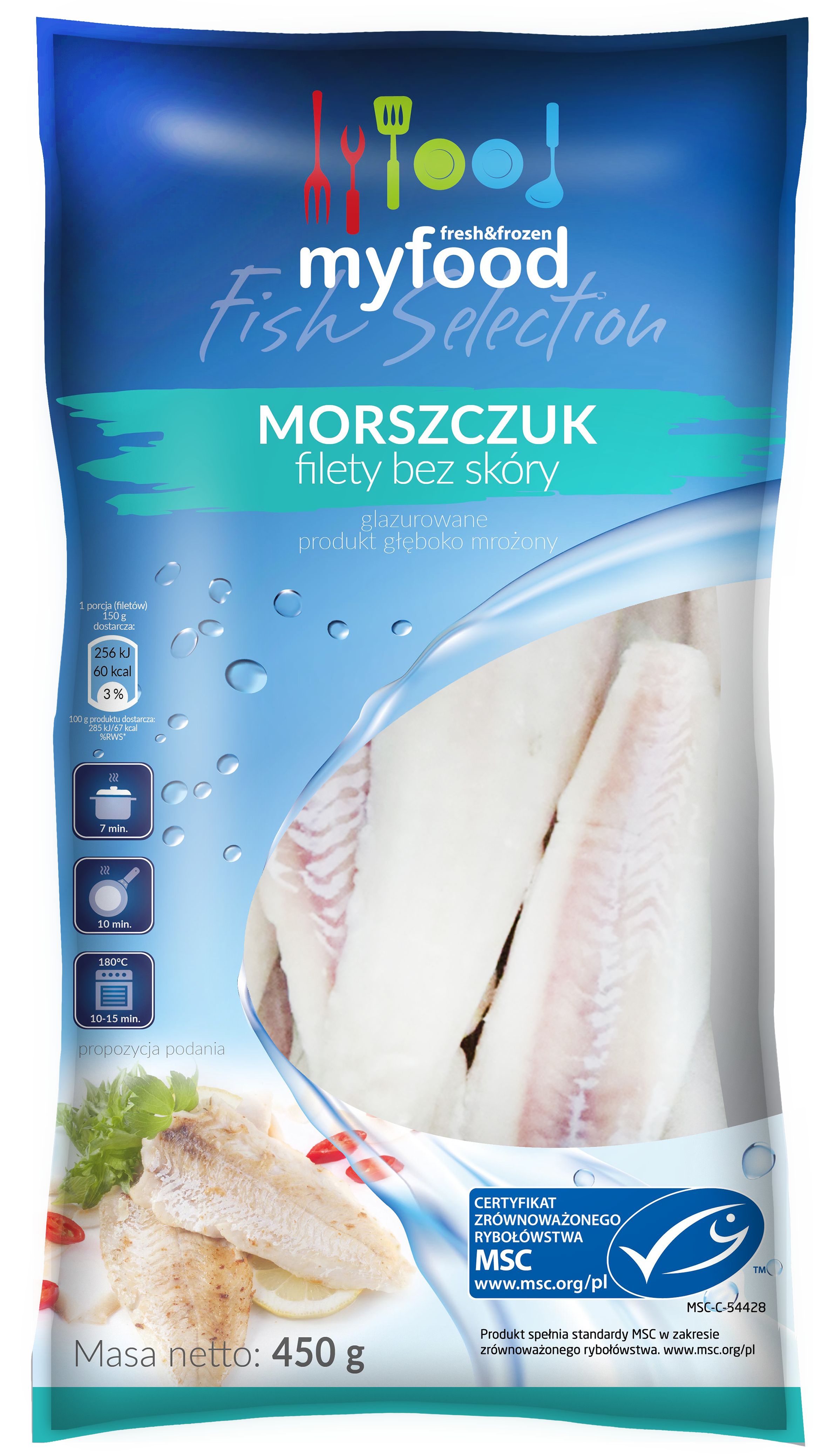 Msc Myfood Morszczuk (Merluccius Productus) Filety Bez Skóry, Produkt Głęboko Mrożony, Rozmiar: 120-170 G, Glazura: 10%, 450/500 G