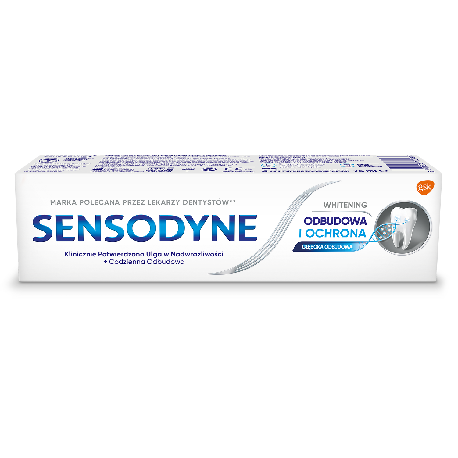 Sensodyne Odbudowa I Ochrona Whitening Pasta Wybielająca Z Fluorem Do Nadwrażliwych Zębów, Wyrób Medyczny, Technologia Novamin, 75 Ml