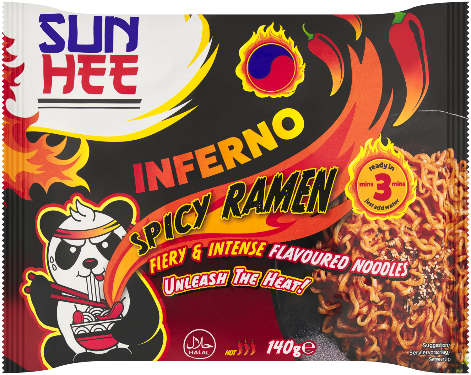 Sun Hee Danie Z Pszennym, Błyskawicznym Makaronem Ramen, Typu Noodle Ze Słodko-Pikantnym Sosem Inferno 140G