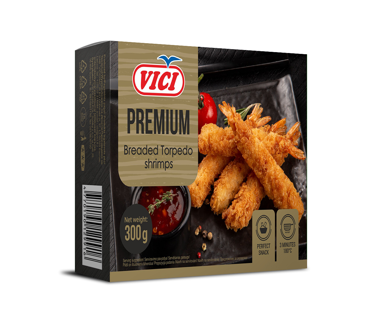Vici Krewetki ,,Torpedo" Panierowane, Z Ogonkami, Obrane 300 G