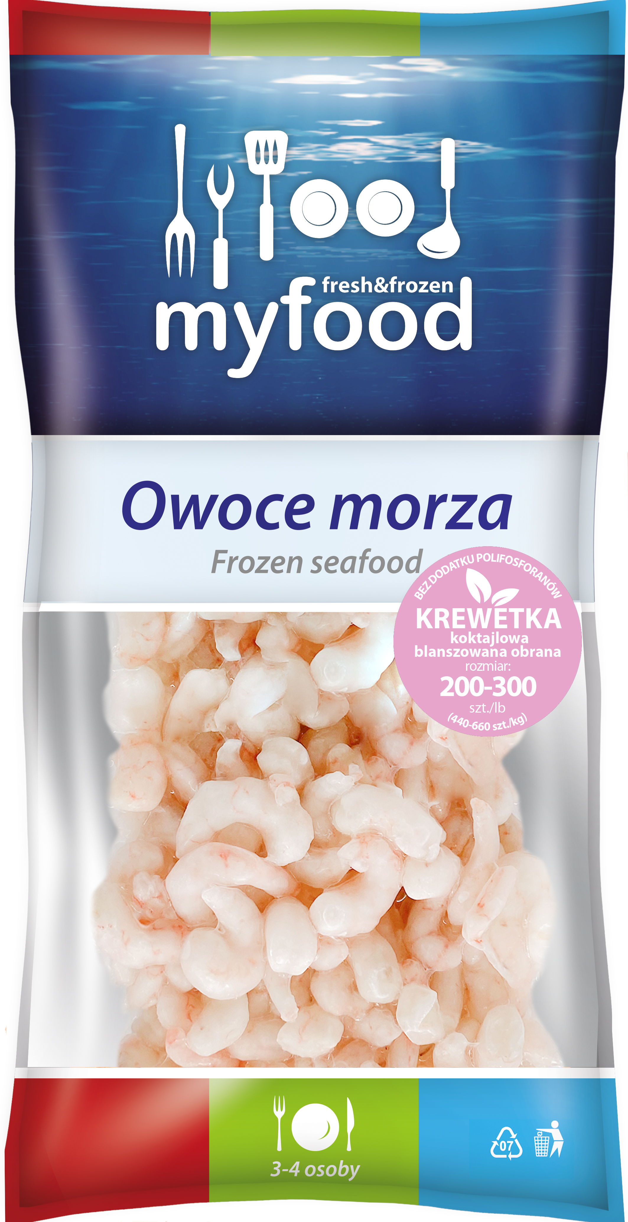 Myfood Krewetki Koktajlowe, Blanszowane, Obrane, Rozmiar: 200-300 Szt./Lb (440-660 Szt./Kg), Produkt Głęboko Mrożony, Glazurowane, 400 G /500 G