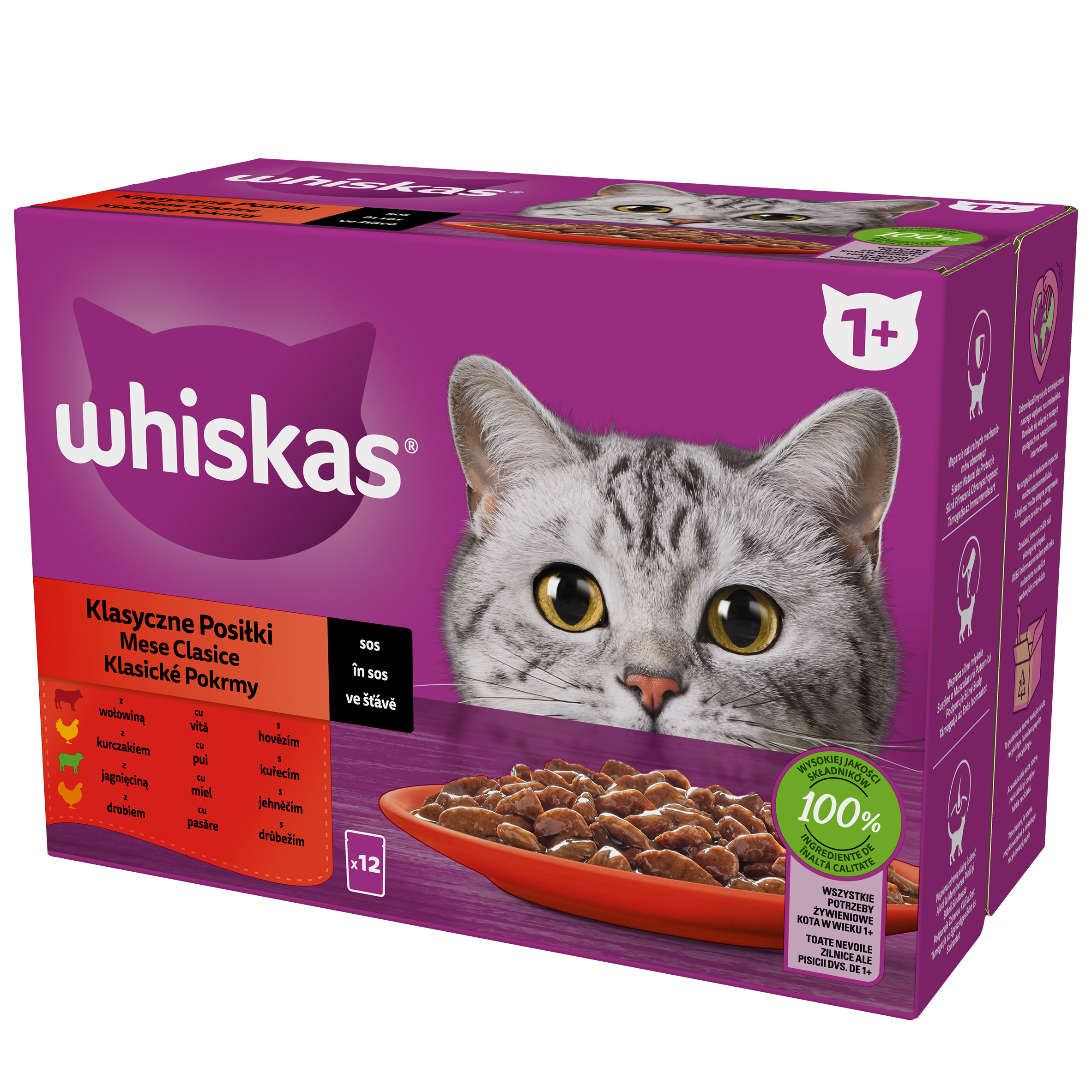 Whiskas Klasyczne Posiłki 1+ Sos Z Wołowiną, Z Kurczakiem, Z Jagnięciną I Z Drobiem 1,02 Kg (12X85 G)