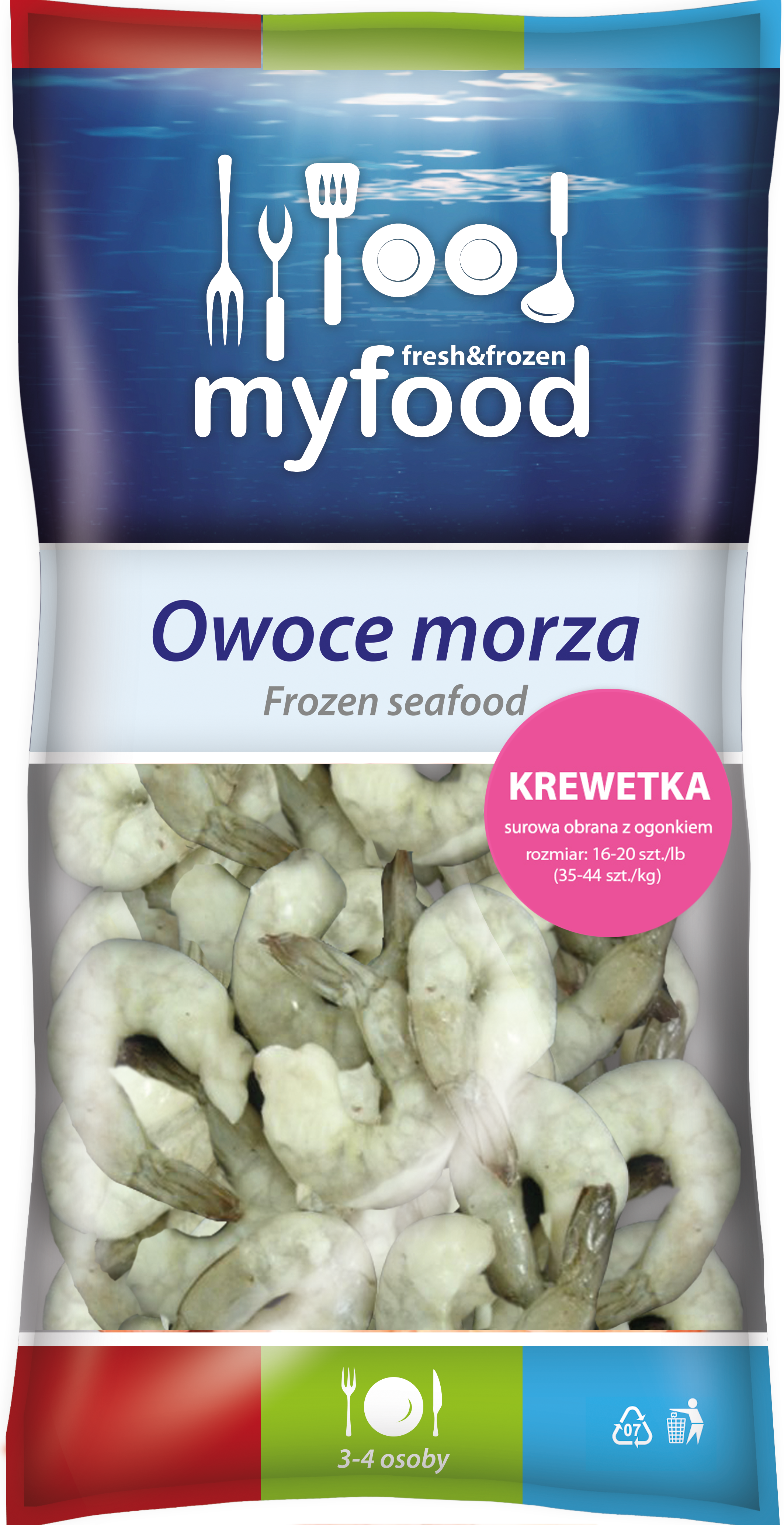 Myfood Krewetka Surowa Obrana Z Ogonkiem, Rozmiar: 16-20 Szt./Lb , Glazura: 20%, 400G/500 G