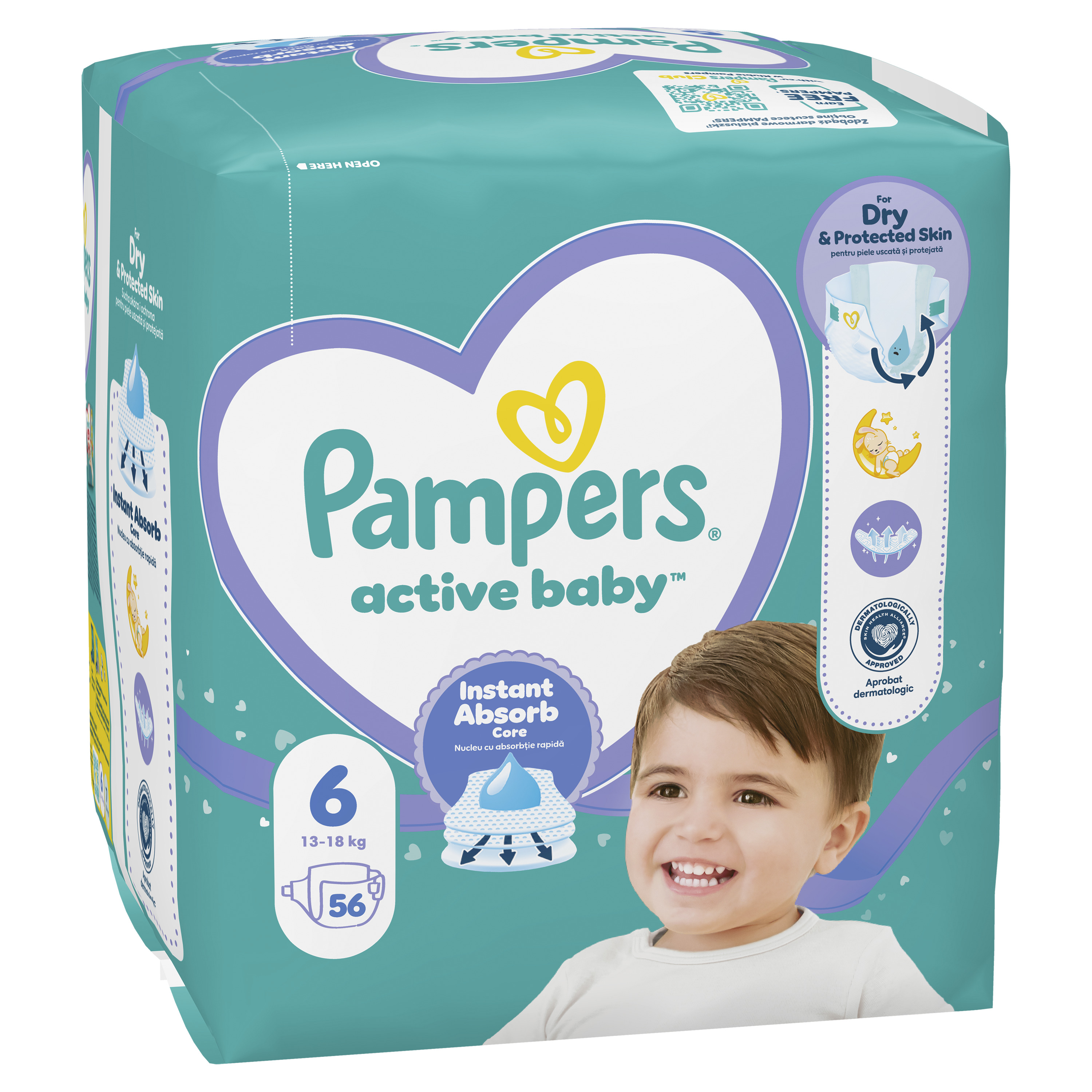 Pampers Active Baby, Rozmiar 6, 56 Pieluszek, 13Kg-18Kg
