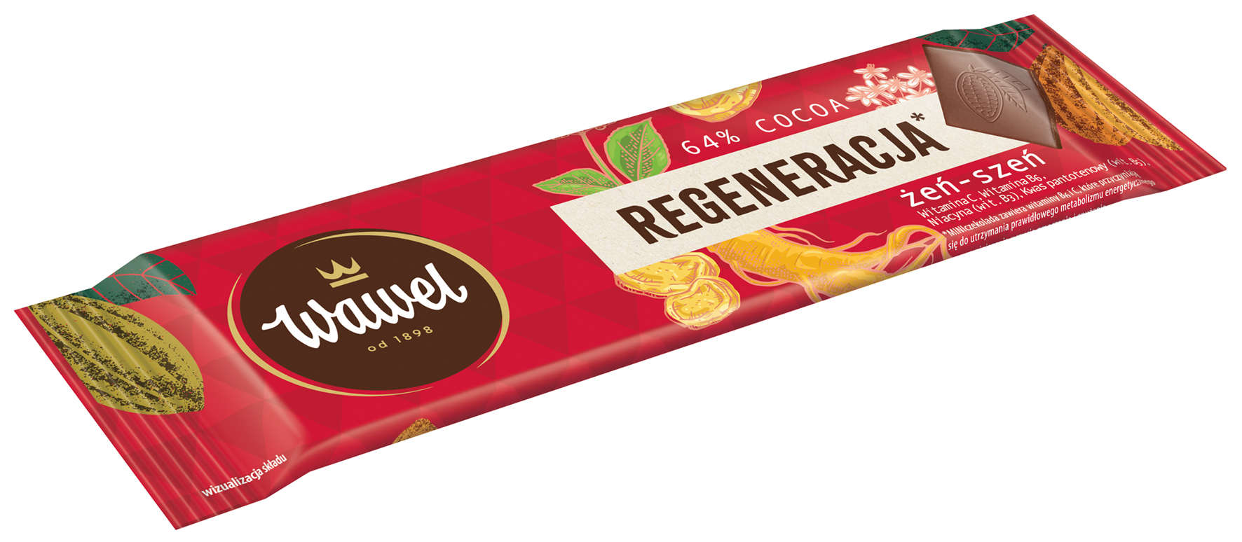 Wawel Miniczekolada Funkcjonalna Regeneracja - Gorzka 64% Cocoa Z Żeń-Szeniem I Witaminami 20G
