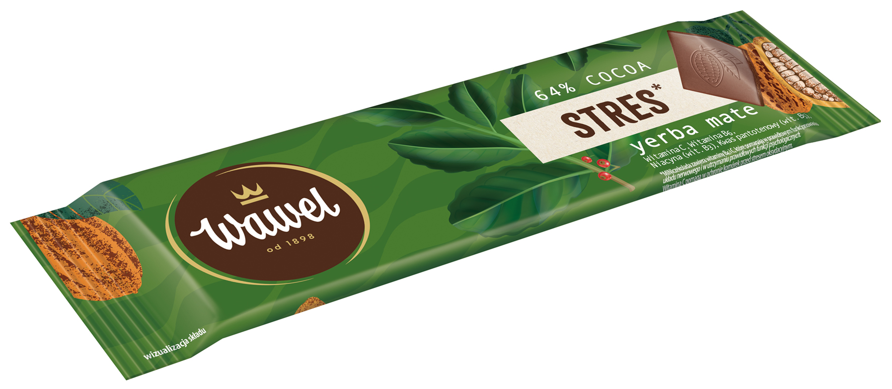 Wawel Miniczekolada Funkcjonalna Stres - Gorzka 64% Cocoa Z Yerba Mate I Witaminami Ami B6 I C 20G