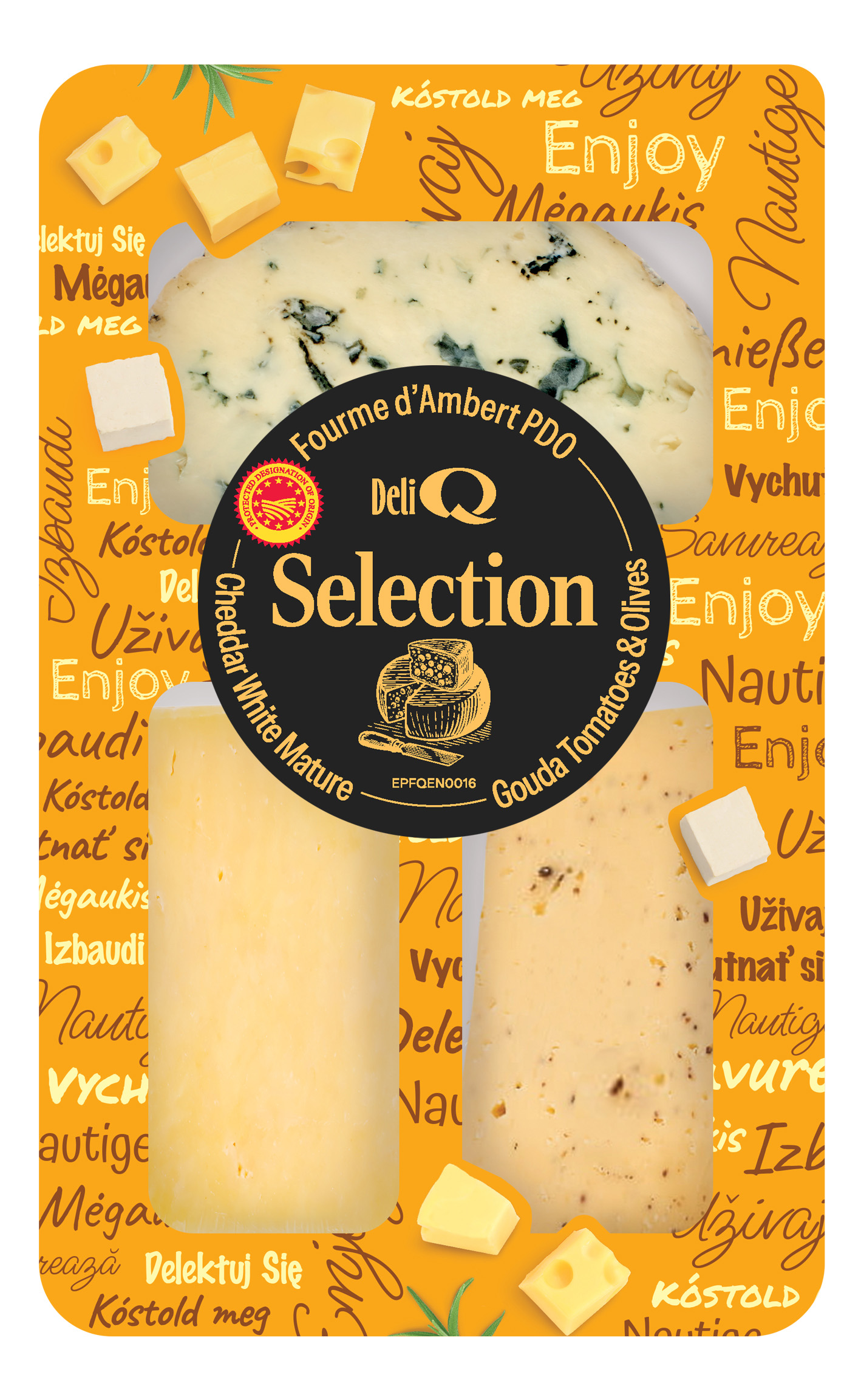 Deli Q Selection Cheddar Mature/ Fourme D'Ambert Aop/ Gouda Pomidory/Oliwki 200G