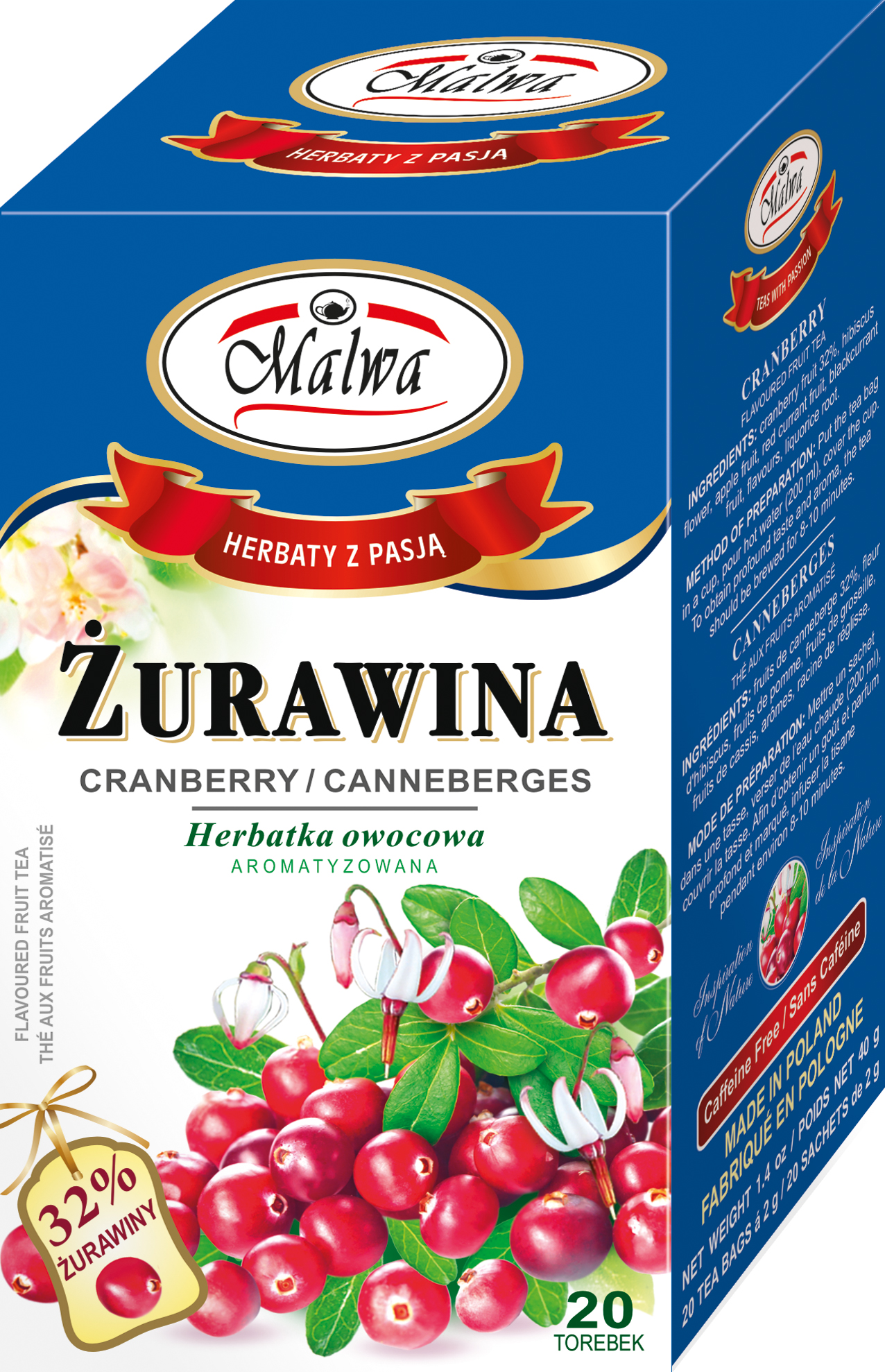 Malwa Herbata Owocowa Aromatyzowana Żurawina 20X2G