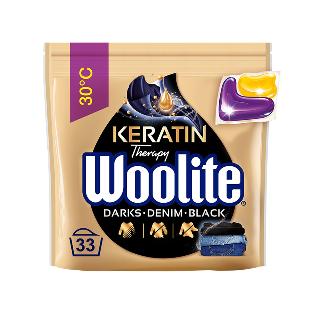 Woolite Żelowe Kapsułki Do Prania Z Keratyną Czerń, Ciemne Kolory & Jeans 33 Szt