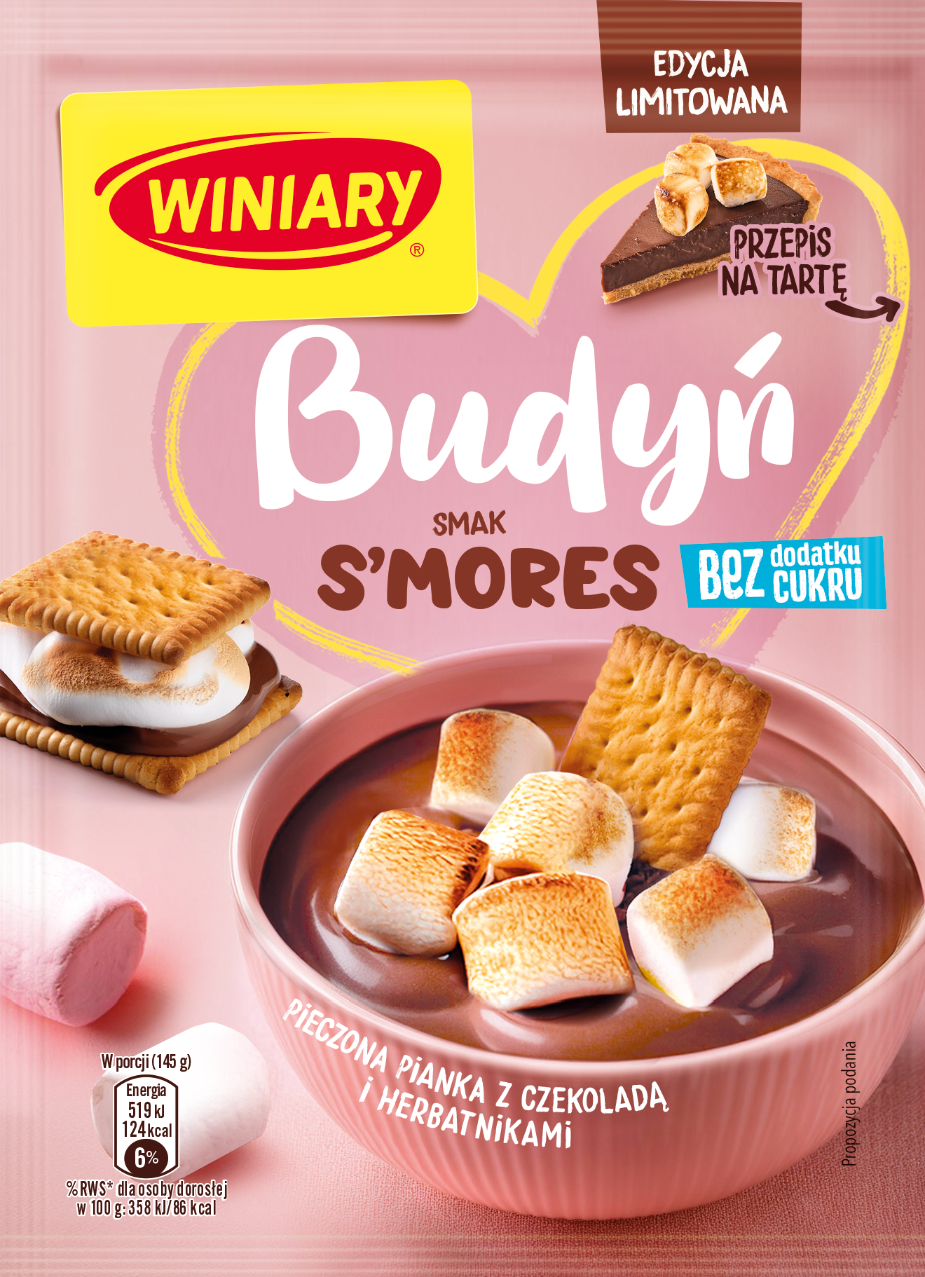 Winiary Budyń Smak Deseru S'Mores (Herbatników Przekładanych Pieczonymi Piankami I Czekoladą) Bez Dodatku Cukru 35G