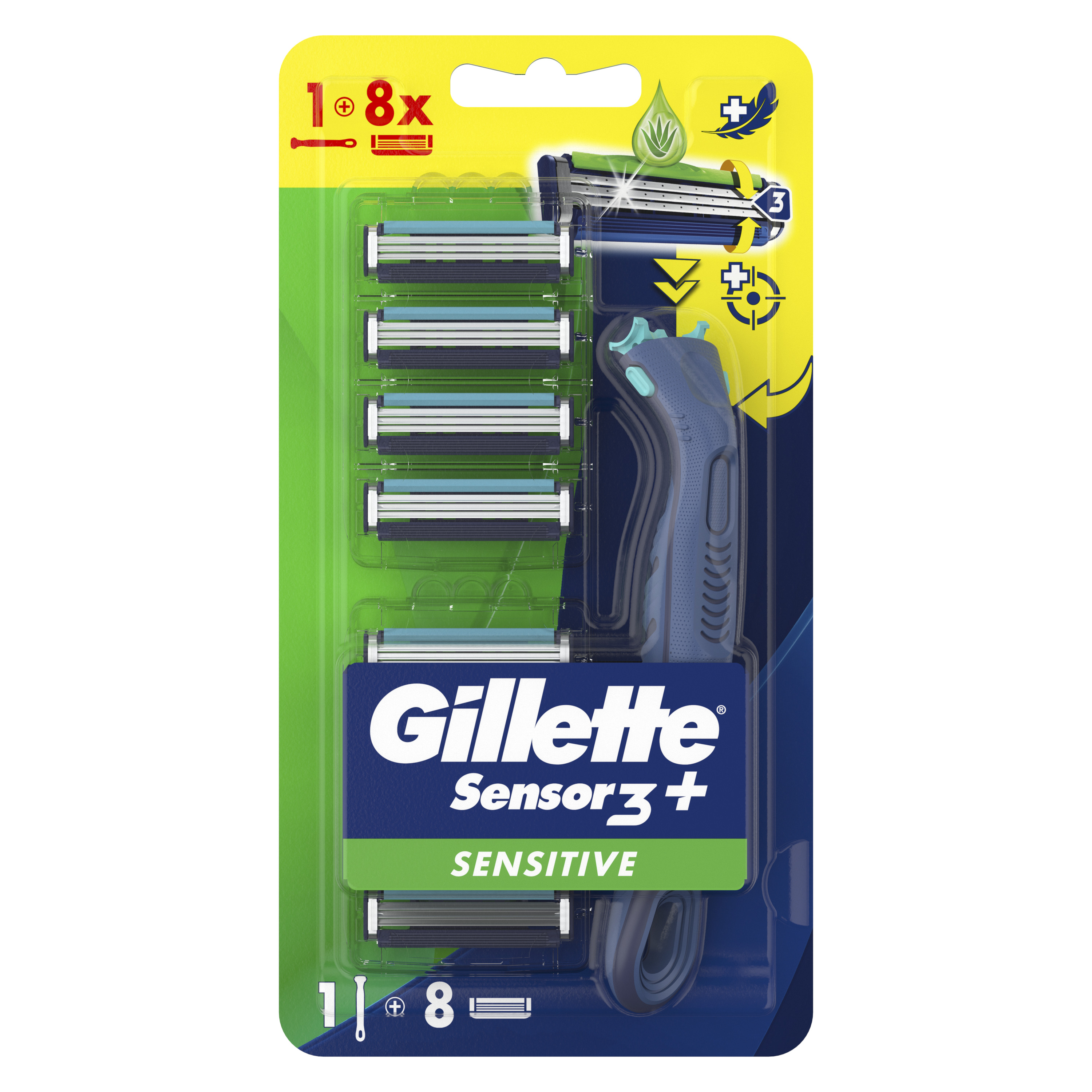 Gillette Sensor 3+ Sensitive Maszynka Do Golenia Dla Mężczyzn Ergonomiczna Rączka, 8 Ostrzy Wymiennych