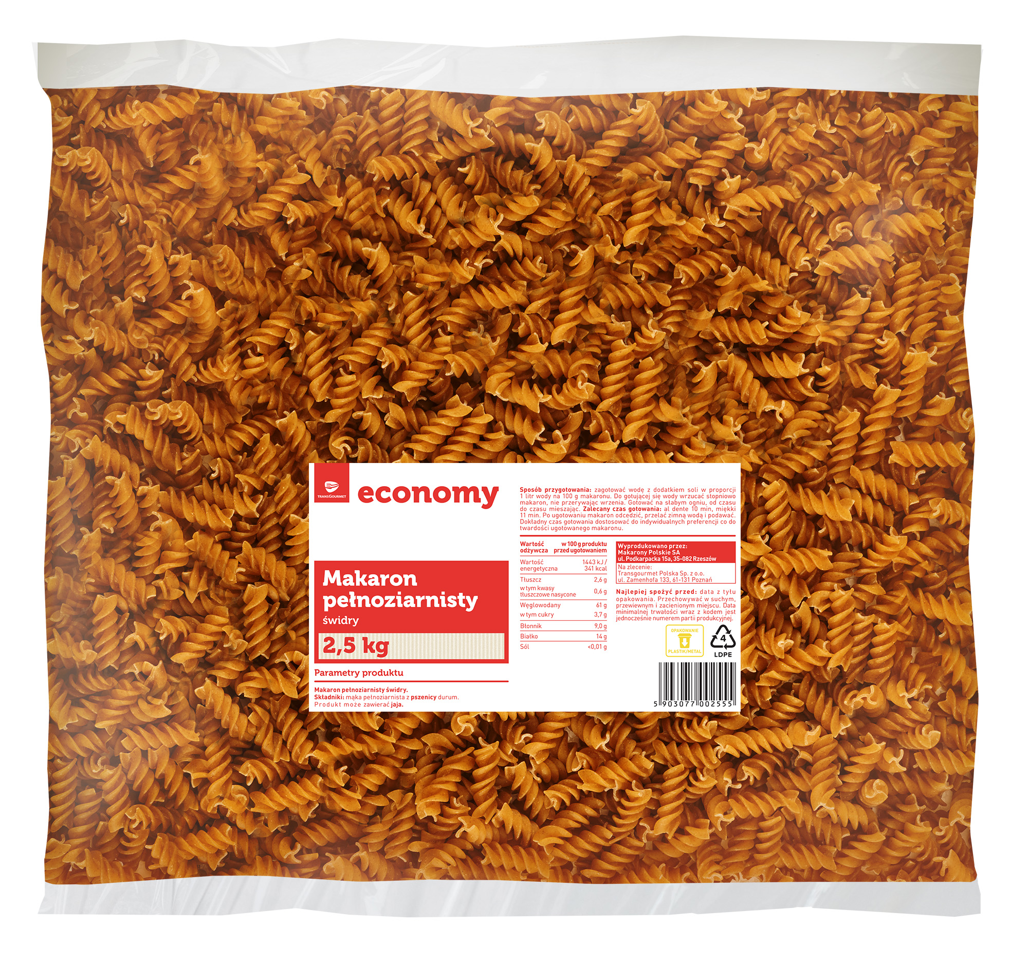 Tge Makaron Świdry Pełnoziarnisty 2,5Kg