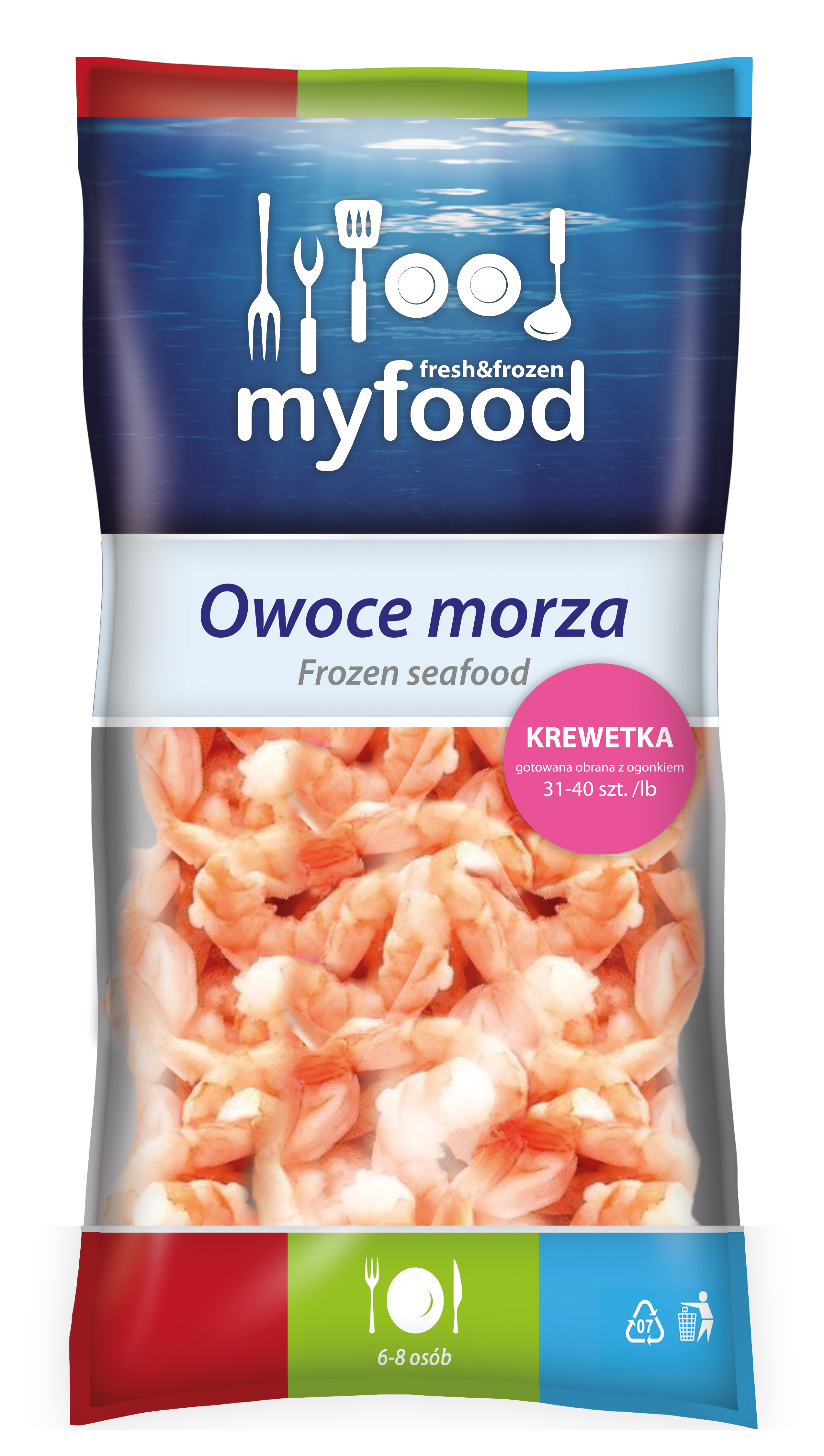 Myfood Krewetka Gotowana Obrana Z Ogonkiem, Głęboko Mrożona, Glazurowana, Rozmiar: 31-40 Szt./Lb, 800 G/1000 G
