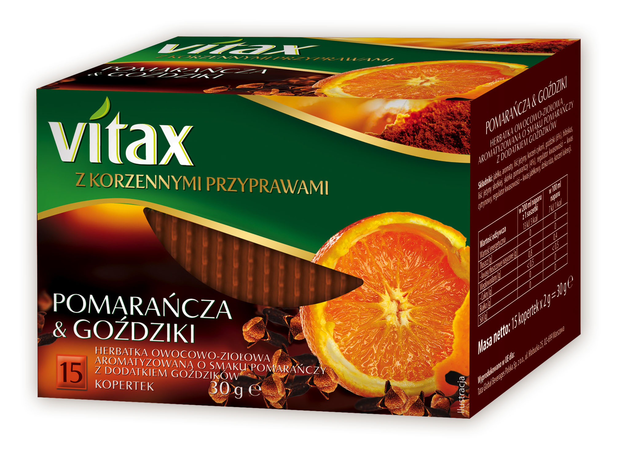 Vitax Herbatka Owocowo-Ziołowa Pomarańcza & Goździki 15 Kopertek 30 G