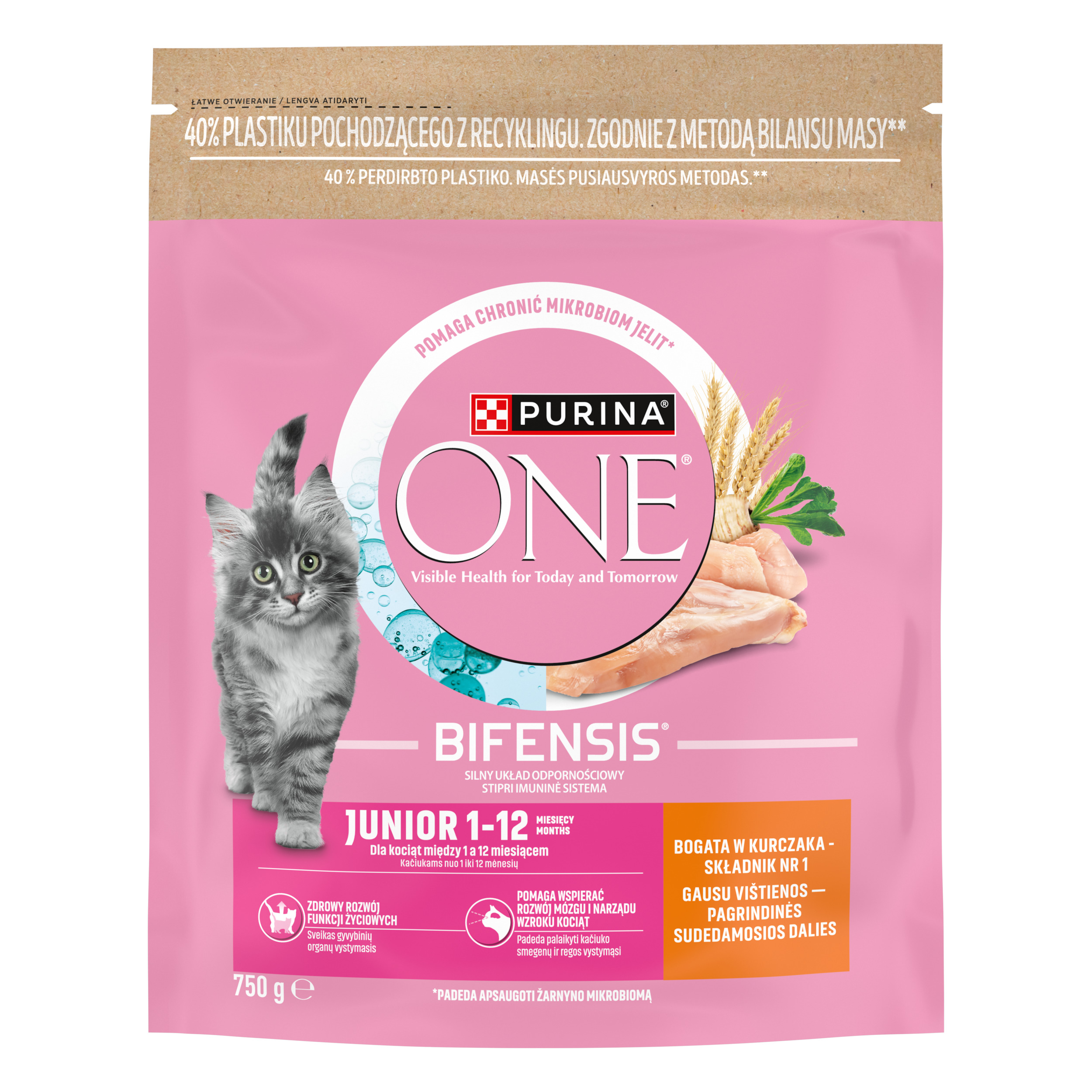 Purina One Junior Bogata W Kurczaka I Z Pełnymi Ziarnami 750 G