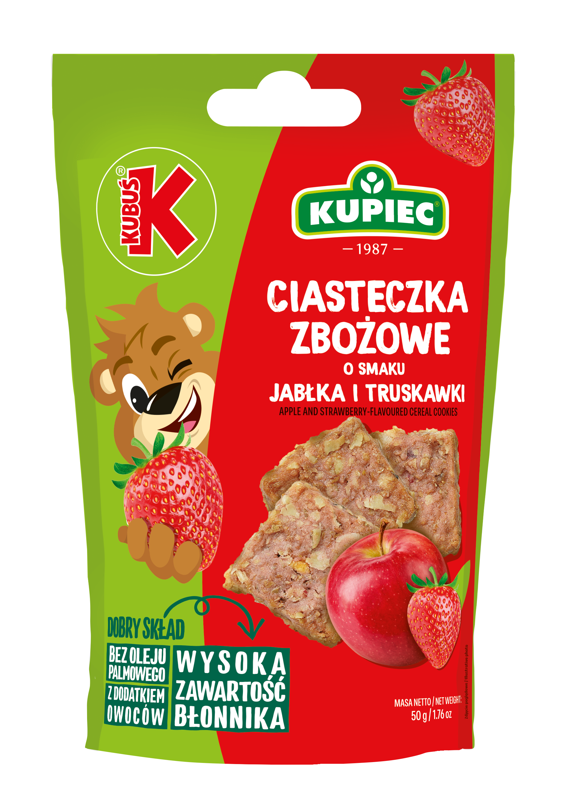 Kupiec & Kubuś Ciasteczka Zbożowe O Smaku Jabłka- Truskawki 50G